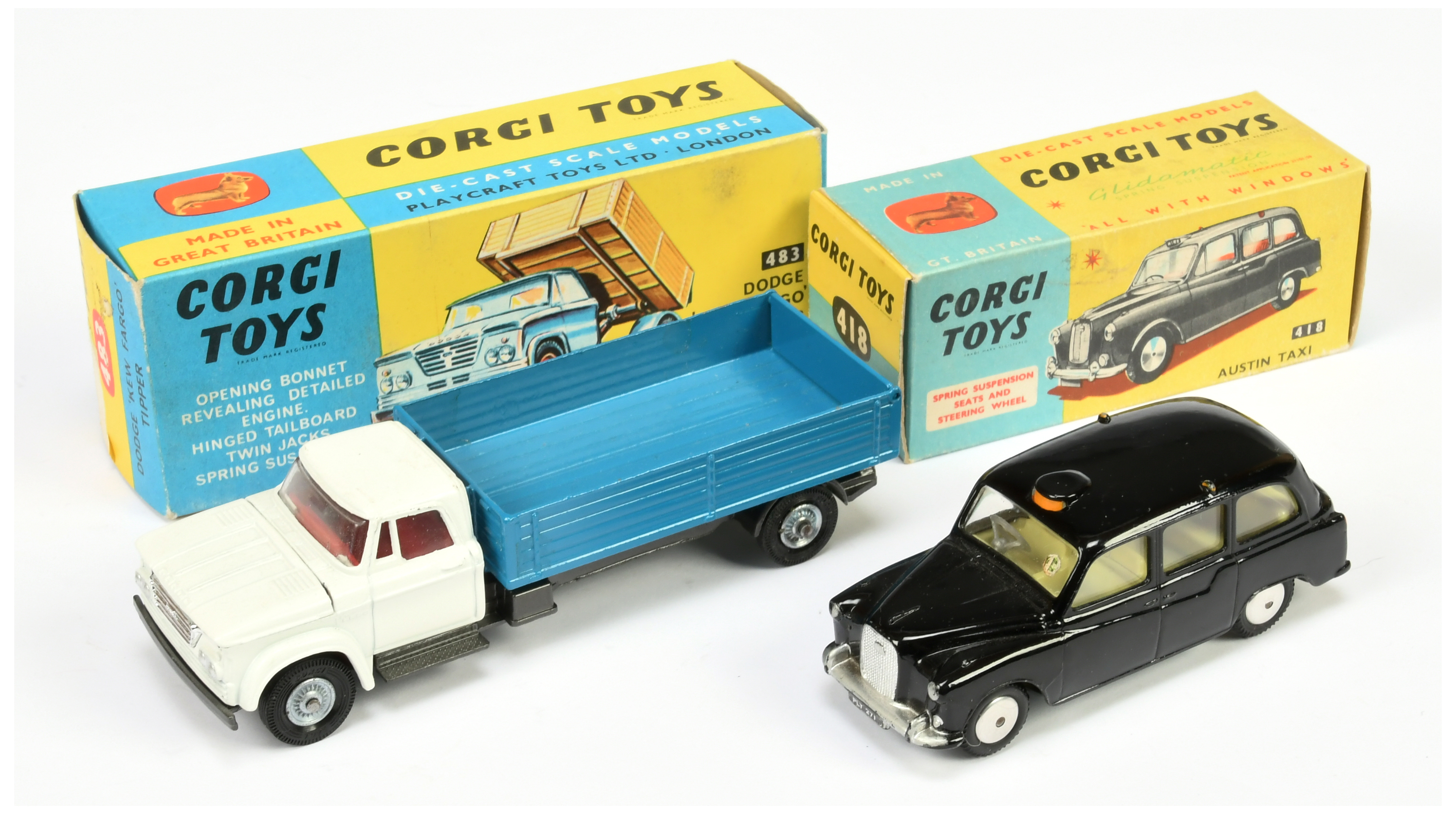 Corgi Toys 483 Dodge Kew Fargo Tipper - White cab, blue tipper, graphite grey chassis, red interi...