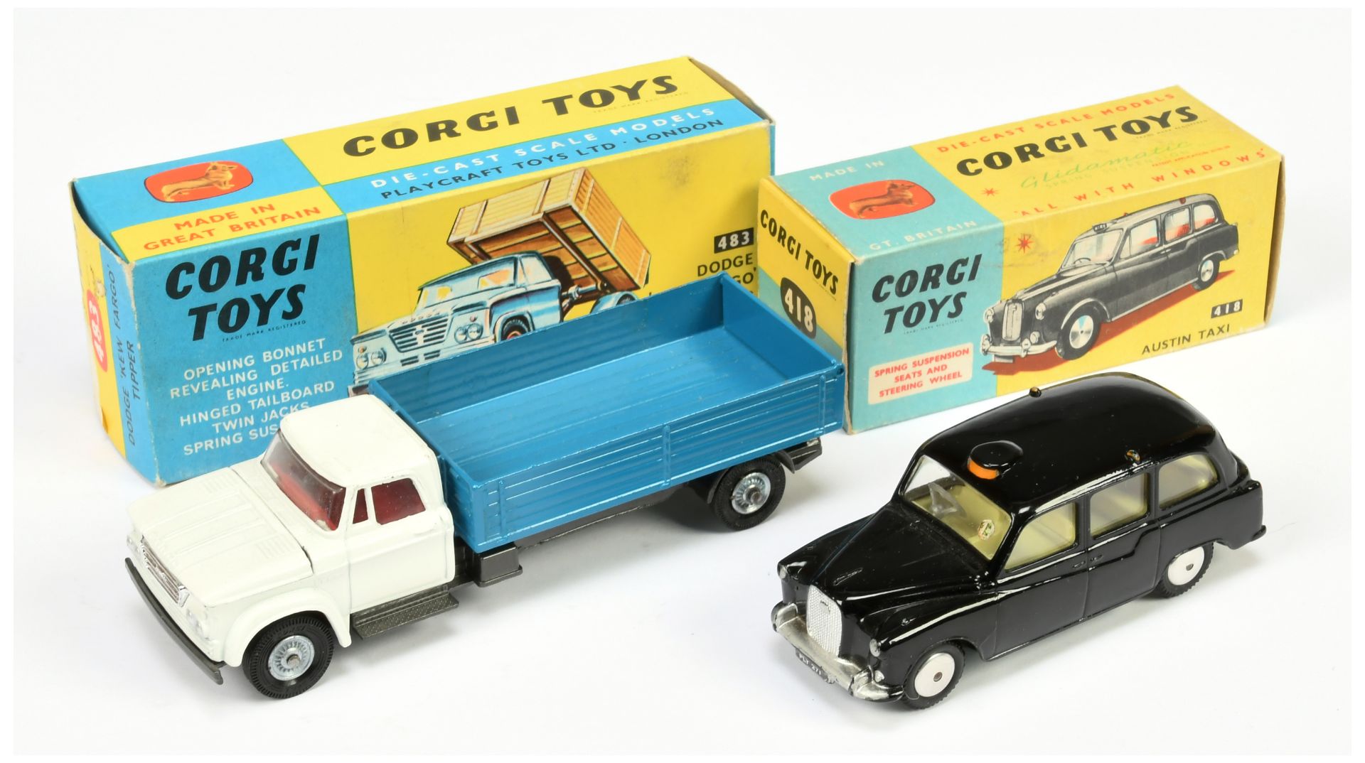 Corgi Toys 483 Dodge Kew Fargo Tipper - White cab, blue tipper, graphite grey chassis, red interi...