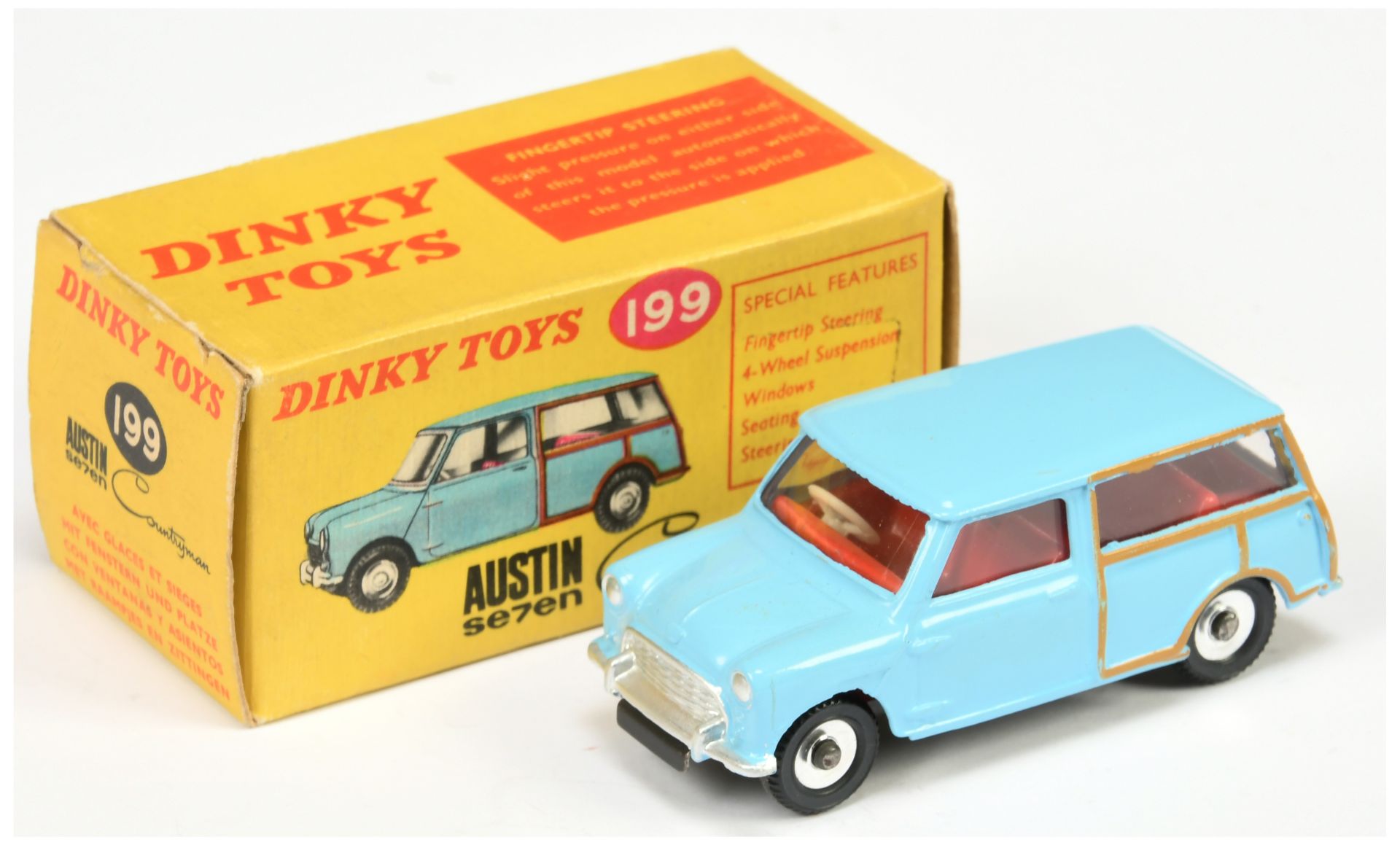 Dinky Toys 199 Austin Seven Countryman - Light Blue, red interior, silver trim and spun hubs