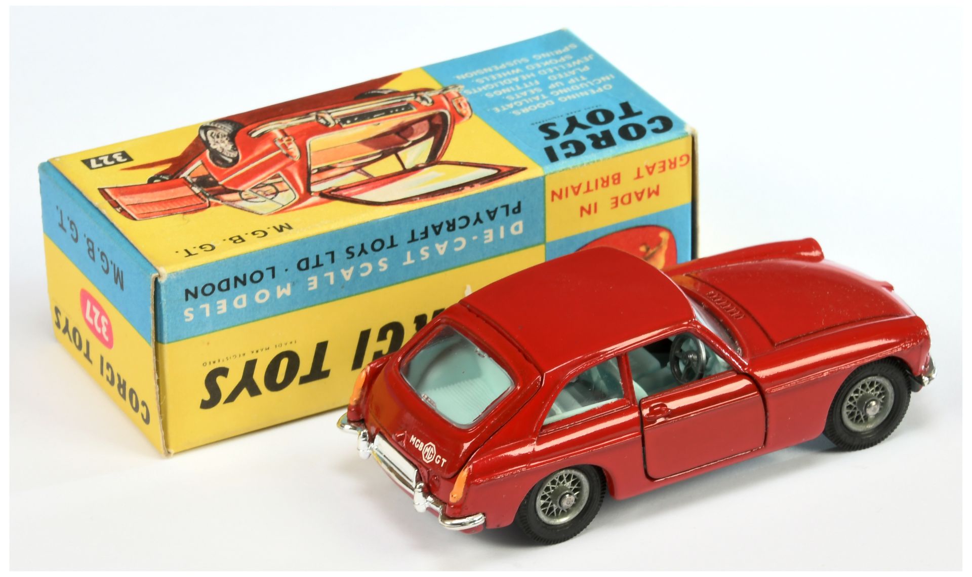 Corgi Toys 327 MGB GT Sports Car - Red body, pale blue interior, chrome trim, wire wheels and bla... - Image 2 of 2