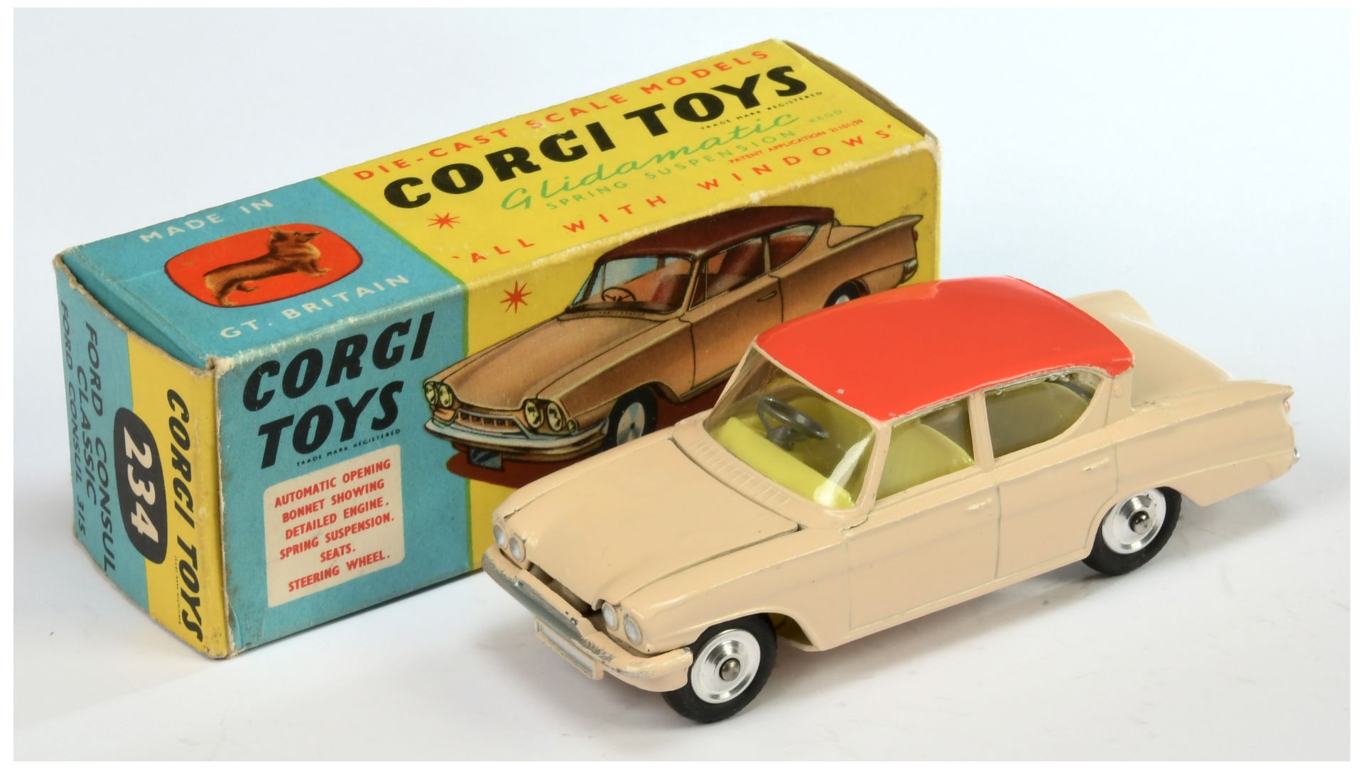 Corgi Toys 234 Ford Consul Classic - Deep Cream body, pink roof, lemon interior, silver trim and ...