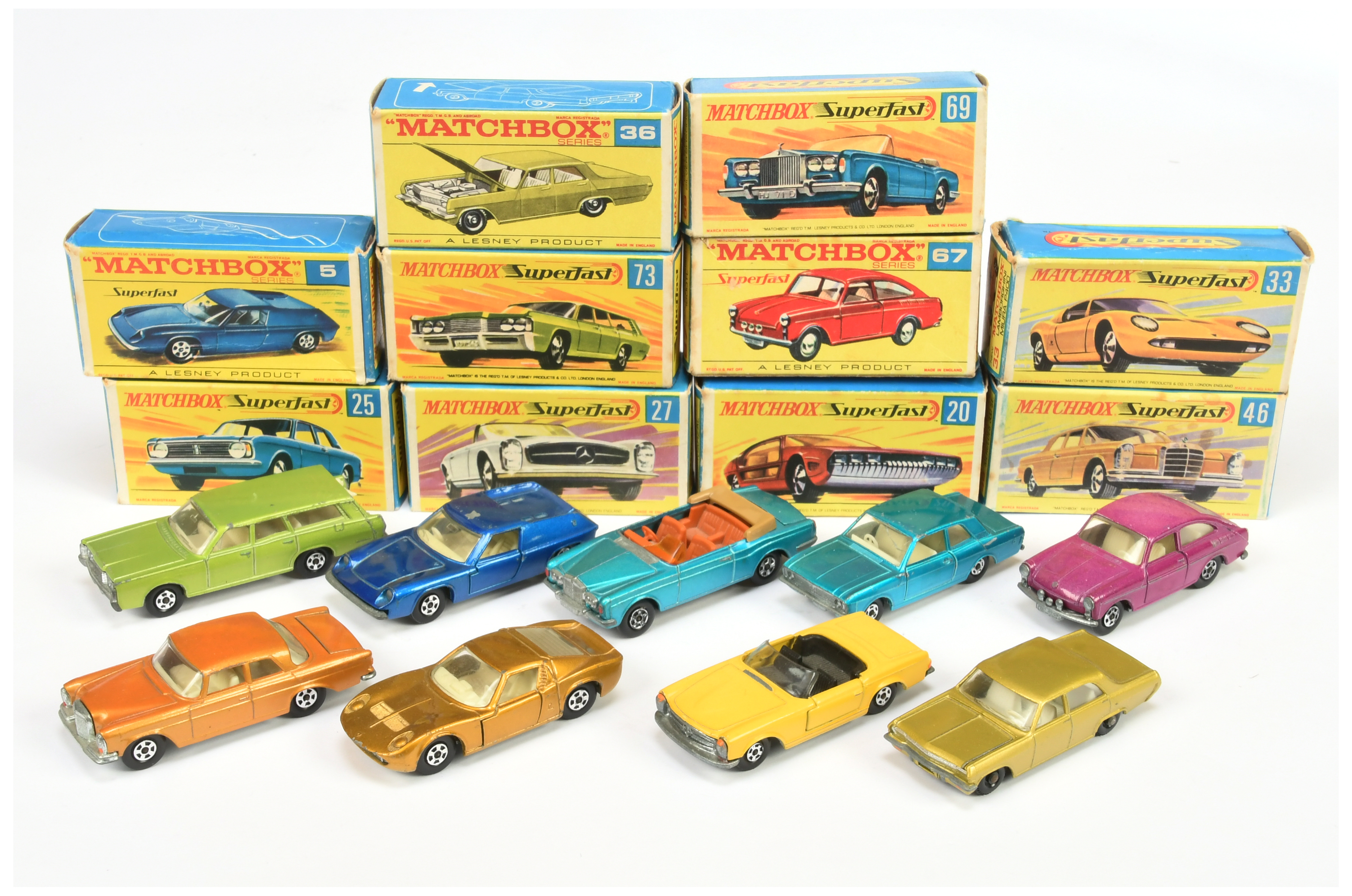 Matchbox Superfast Group To Include - 5a Lotus Europa - Blue body, narrow wheels, 25a Ford Cortin...