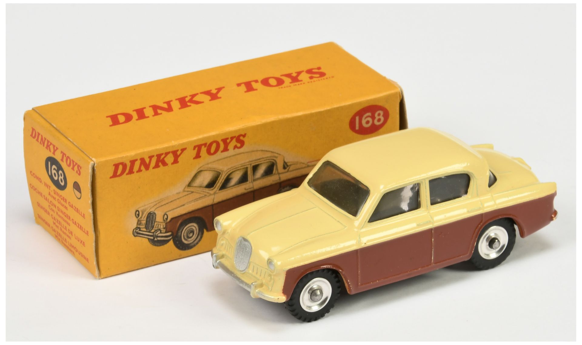 Dinky Toys 168 Singer Gazelle Saloon - Two-Tone, Cream and brown, silver trim and chrome spun hubs 