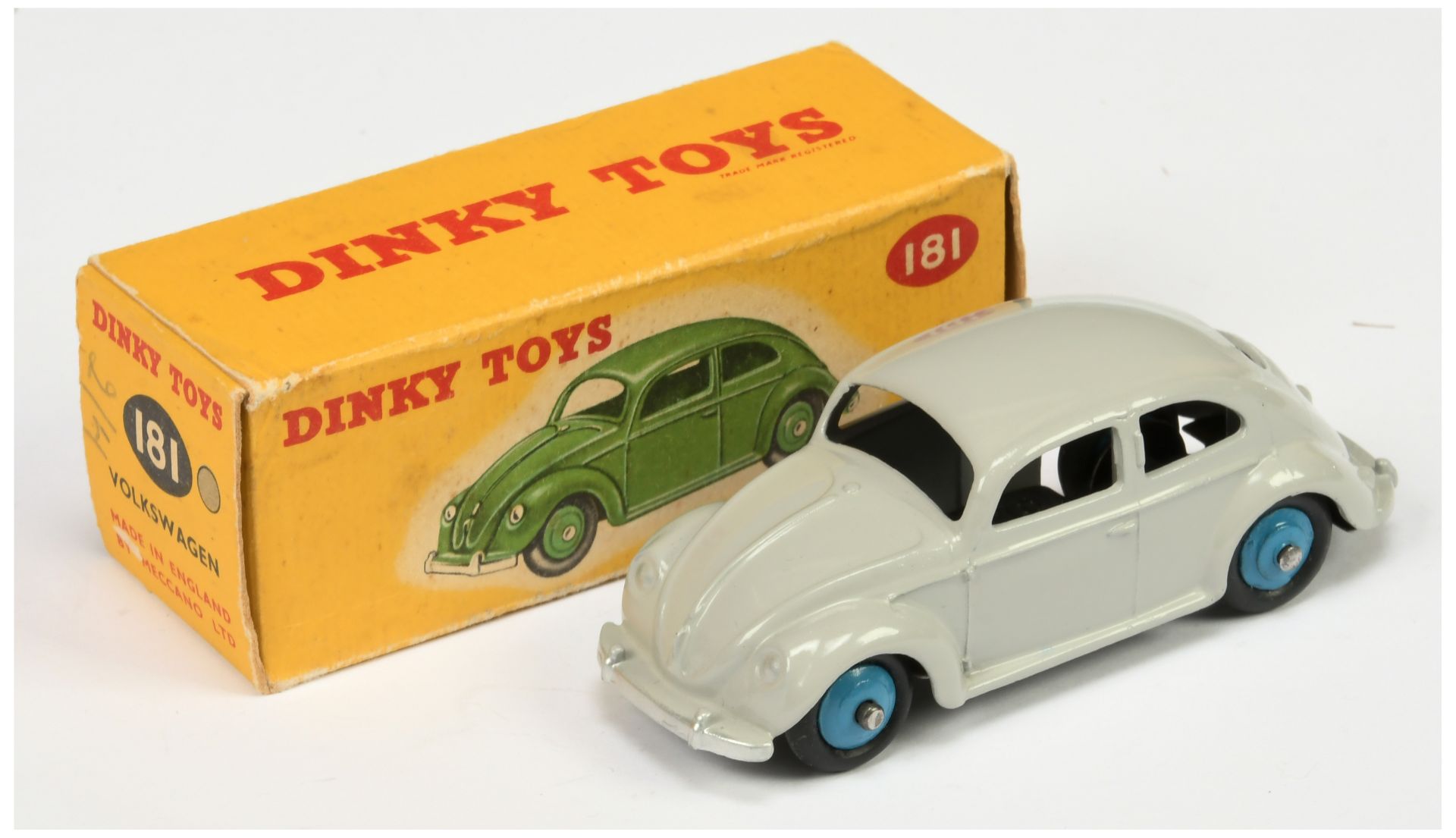 Dinky Toys 181 Volkswagen Saloon (beetle)  - Grey body, mid-blue rigid hubs, silver trim