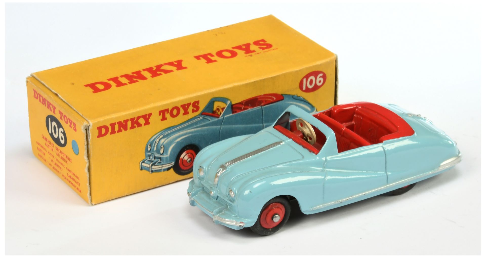 Dinky Toys 106 Austin Atlantic Convertible - Light blue body, red interior, tonneau and rigid hub...