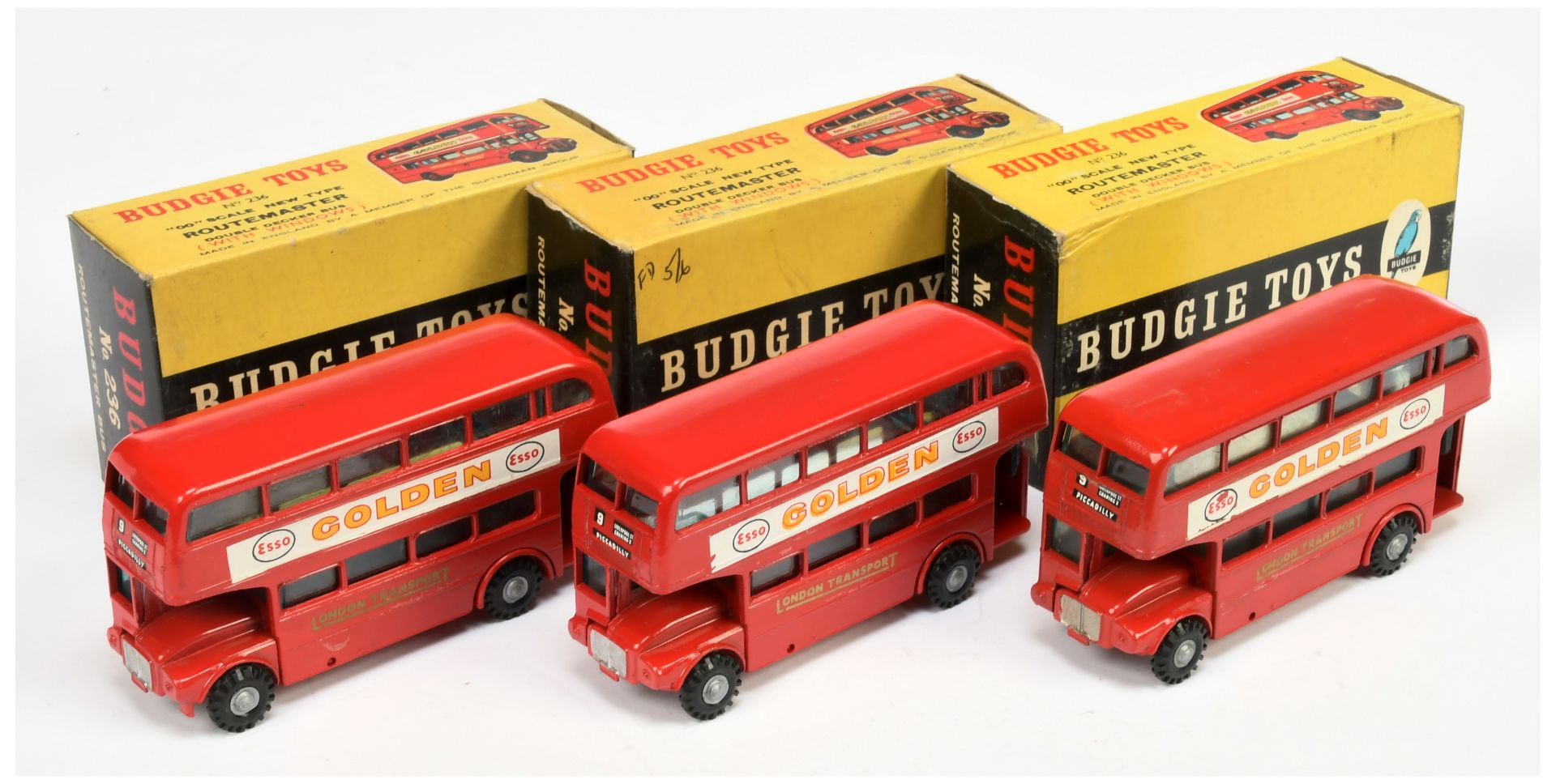 Budgie Toys 236 Routemaster Bus Group Of 3 to Include "GOLDEN" - Red body, grey plastic hubs 