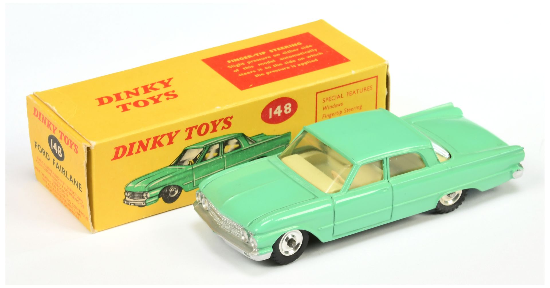 Dinky Toys 148 Ford Fairlane - Pale green, pale cream interior, silver trim and spun hubs 