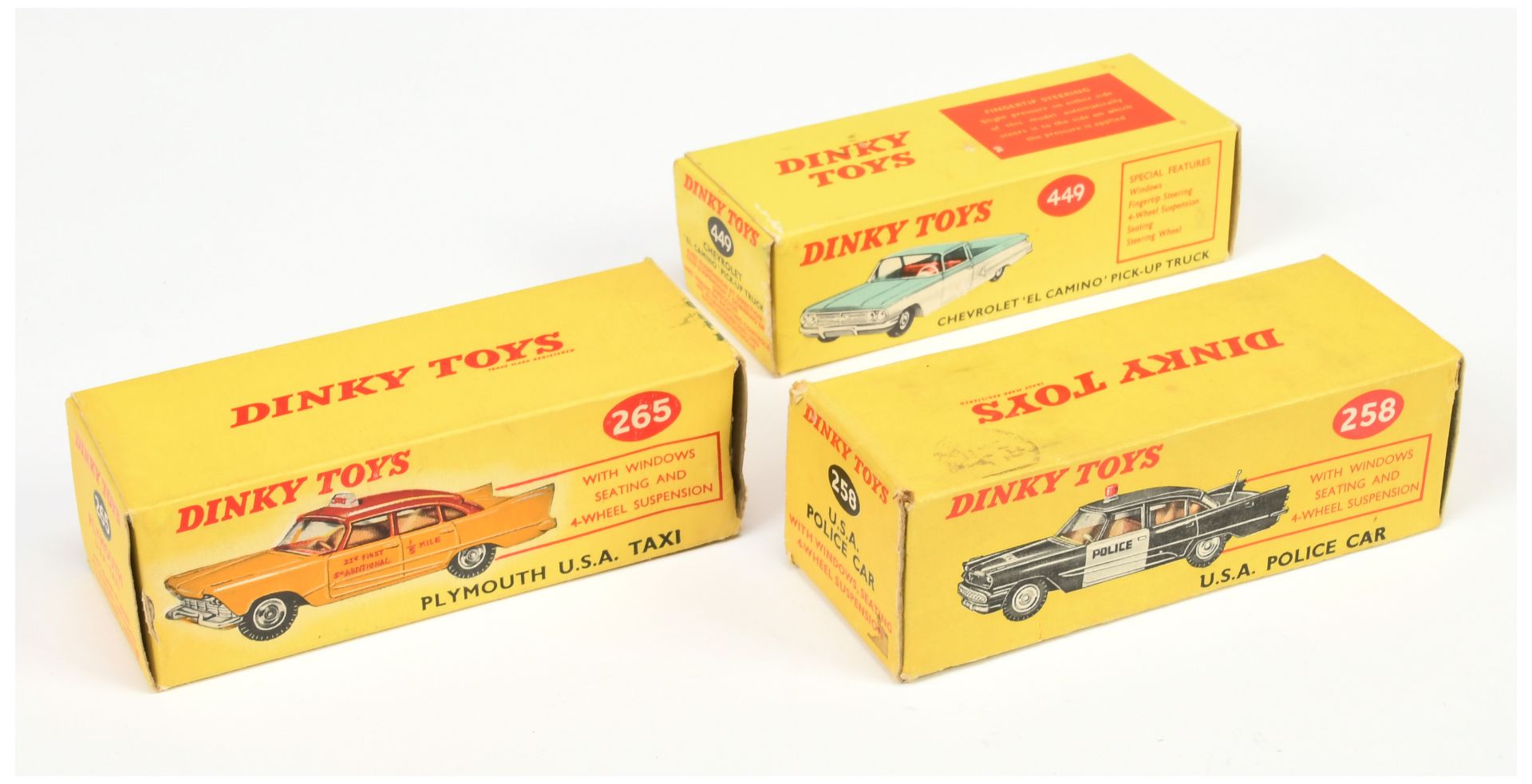 Dinky Toys Empty boxes A Group - (1) 258 "USA Police" Car, (2) 265 Plymouth "USA Taxi", and (3) 4...