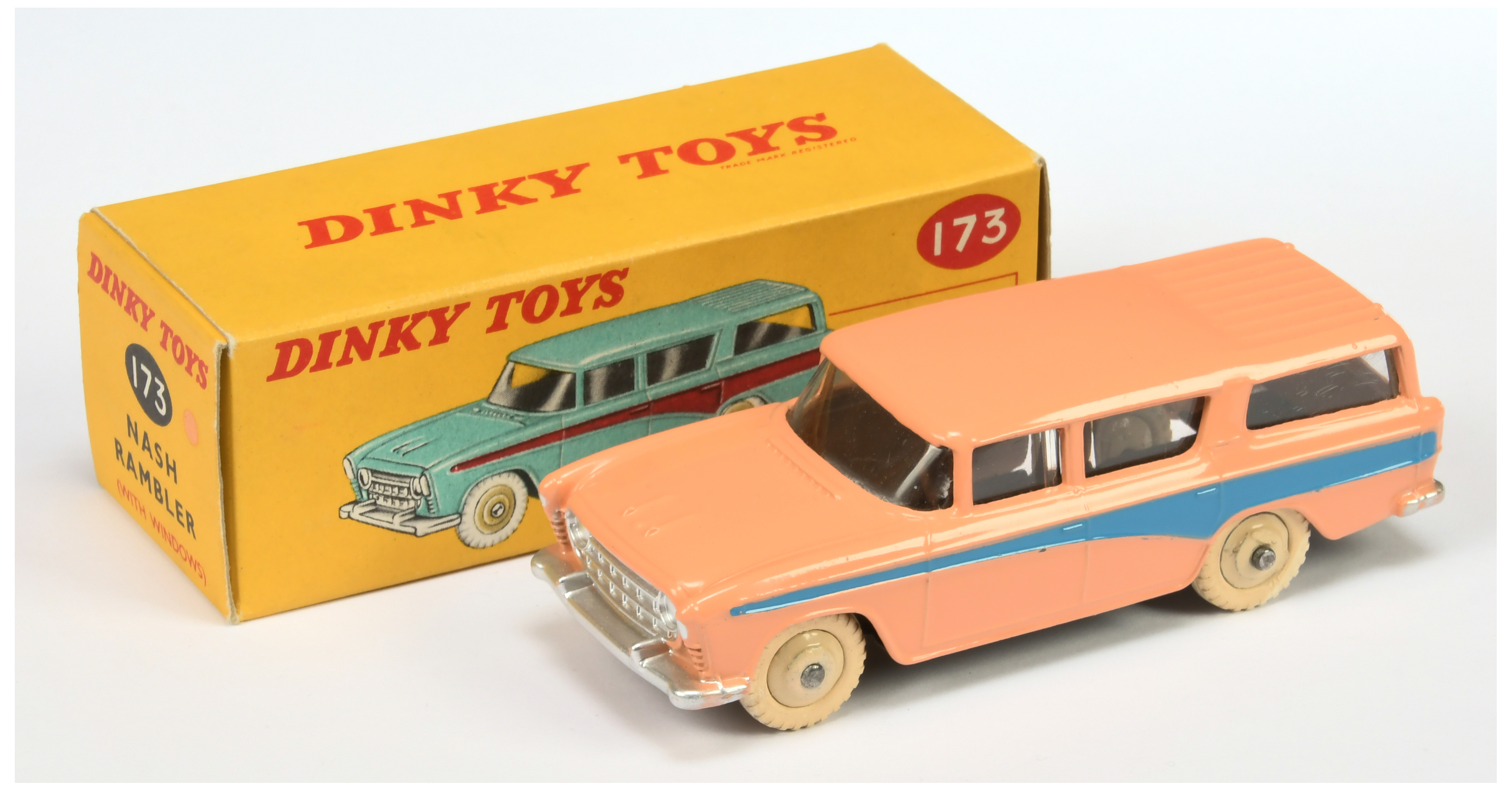 Dinky Toys 173 Nash Rambler - Peach body, mid-blue side flashes, silver trim and light beige rigi...