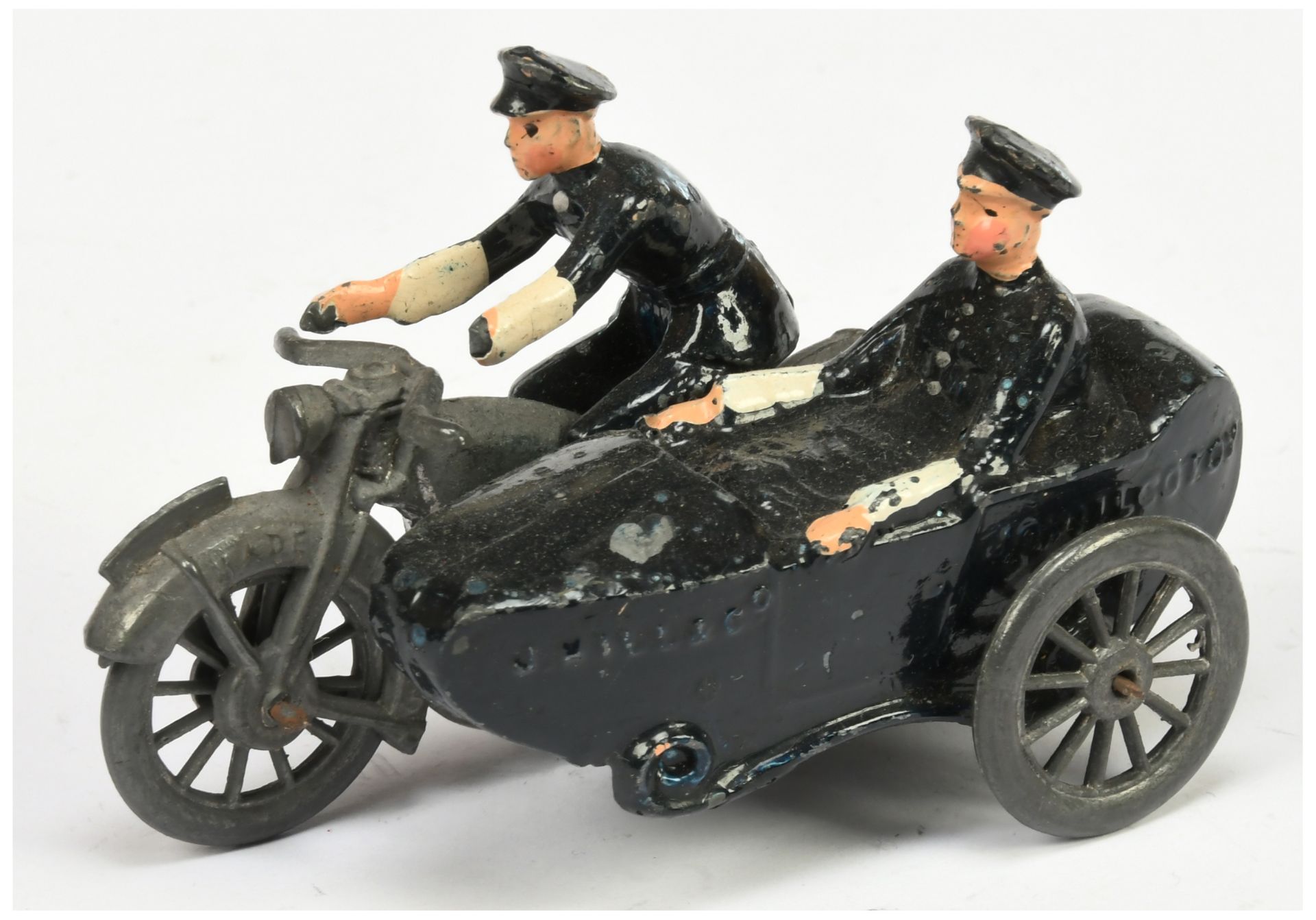 Johillco "Police" Motorcycle And Sidecar - Dark Blue sidecar and figures with white trim, bare me...