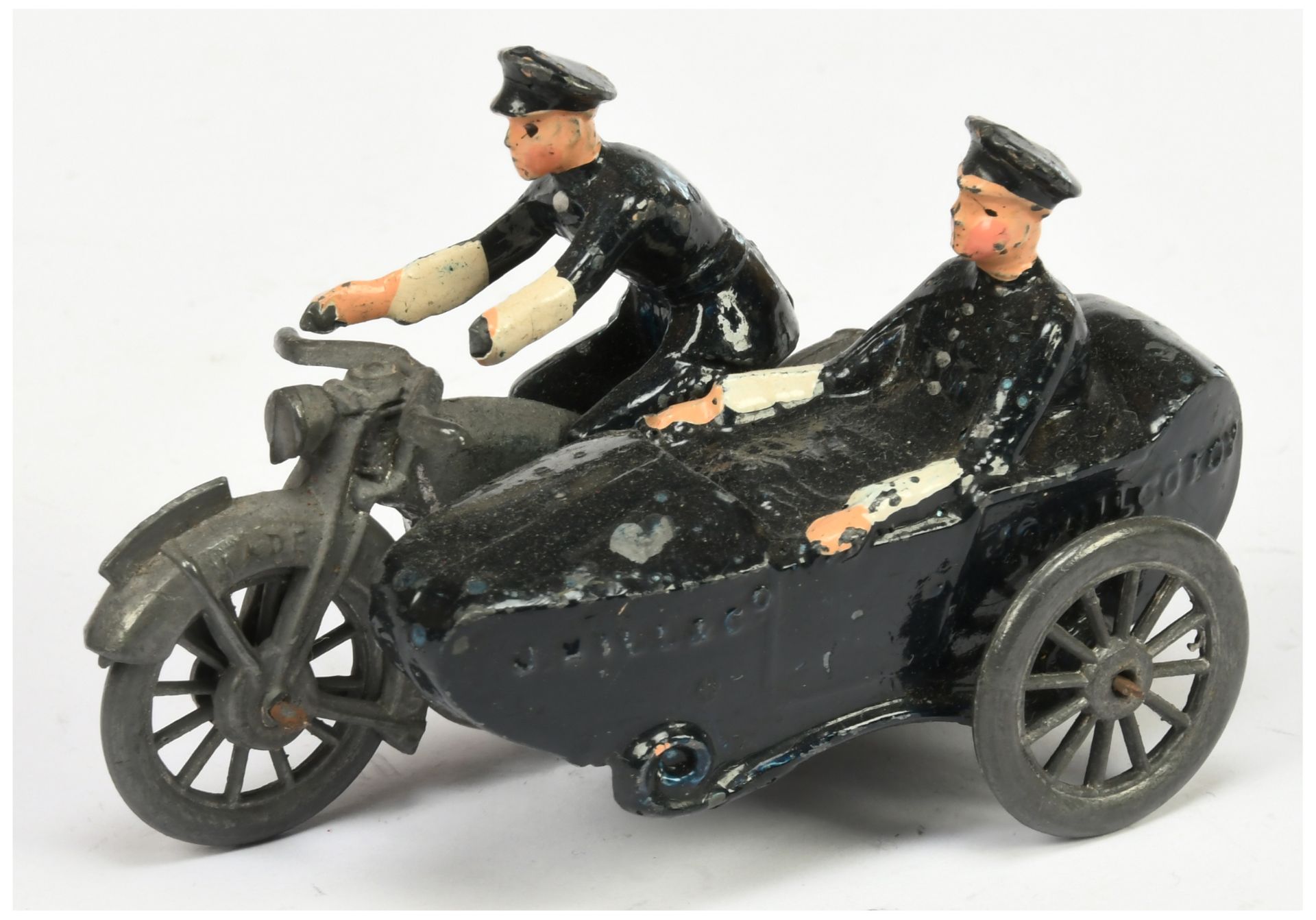 Jollhilco "Police" Motorcycle And Sidecar - Dark Blue sidecar and figures with white trim, bare m...