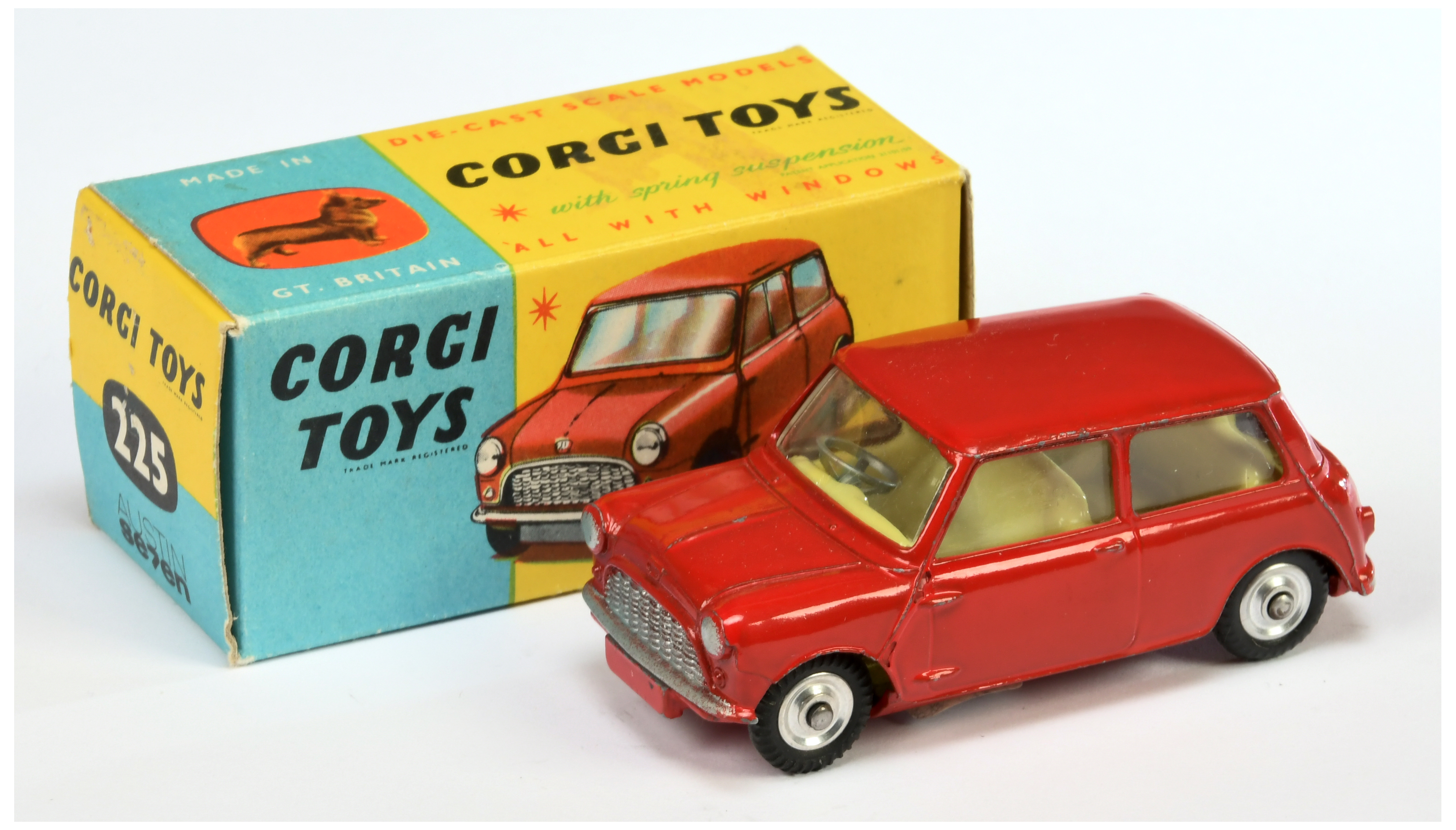 Corgi Toys 225 Austin Seven Mini - Red body, lemon interior, silver trim and spun hubs