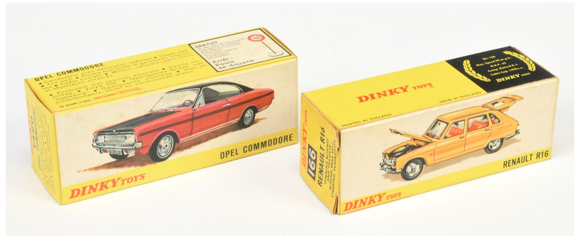 Dinky Toys Empty boxes A pair - (1) 166 Renault R16 Saloon and (2) French dinky Toys 1420 Opel Co...