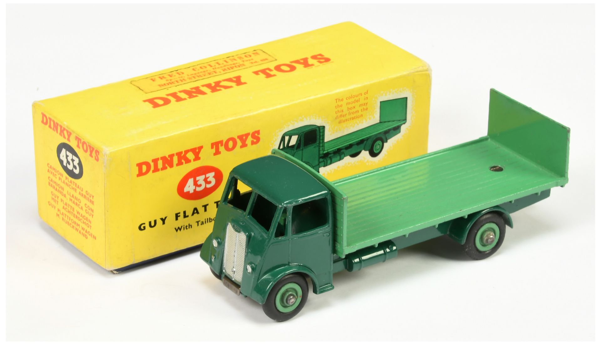 Dinky Toys 433 Guy (type 1) Flat Truck With Tailboard - Two-Tone green, supertoy hubs, silver tri...