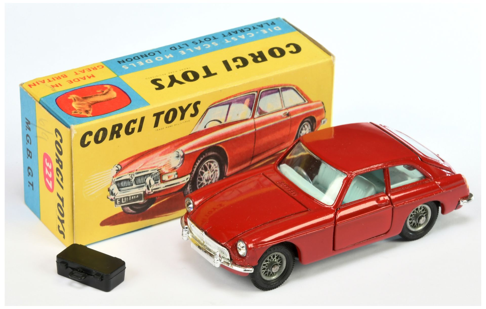 Corgi Toys 327 MGB GT Sports Car - Red body, pale blue interior, chrome trim, wire wheels and bla...