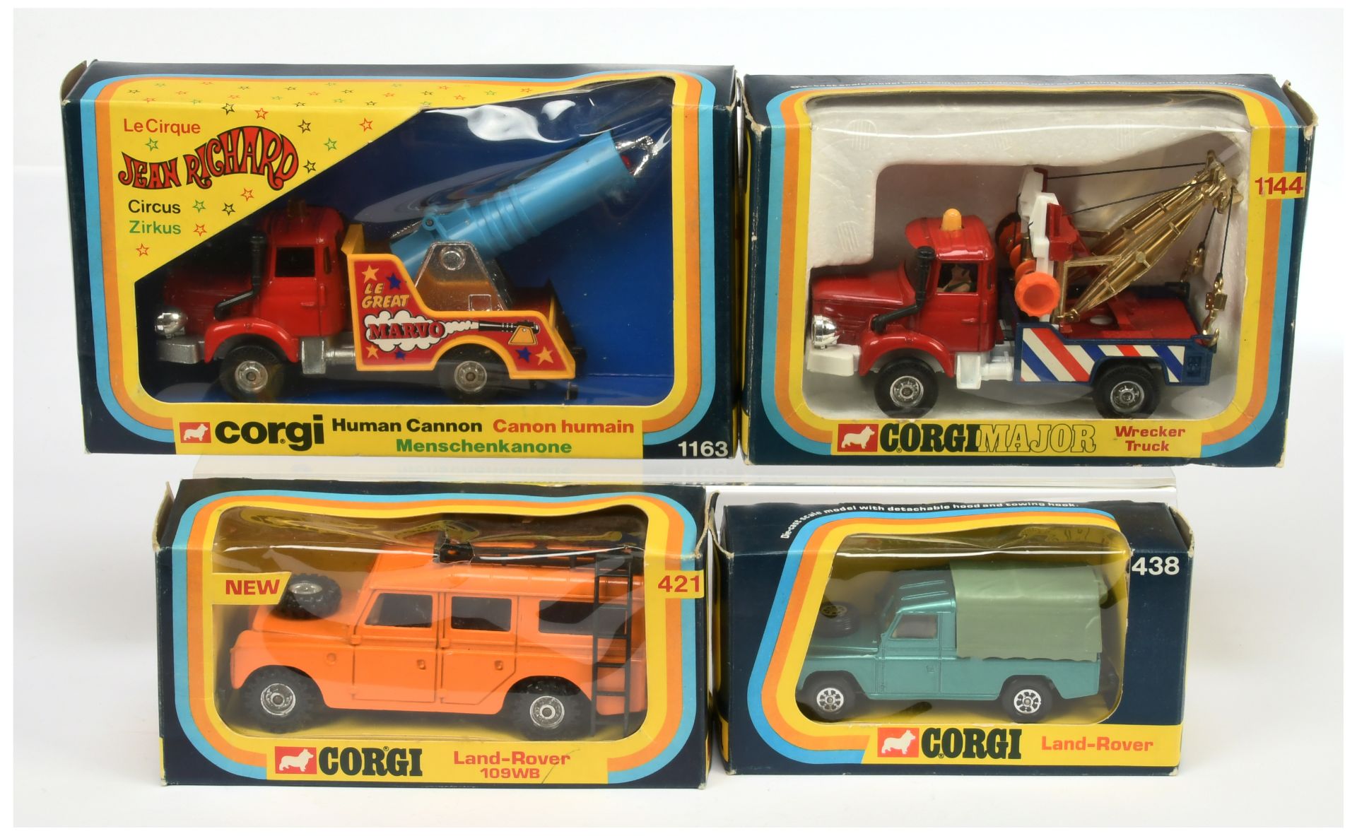 Corgi Toys Group Of 4 To Include - (1) 421 Land Rover - Orange, (2) Land rover - Metallic Green, ...