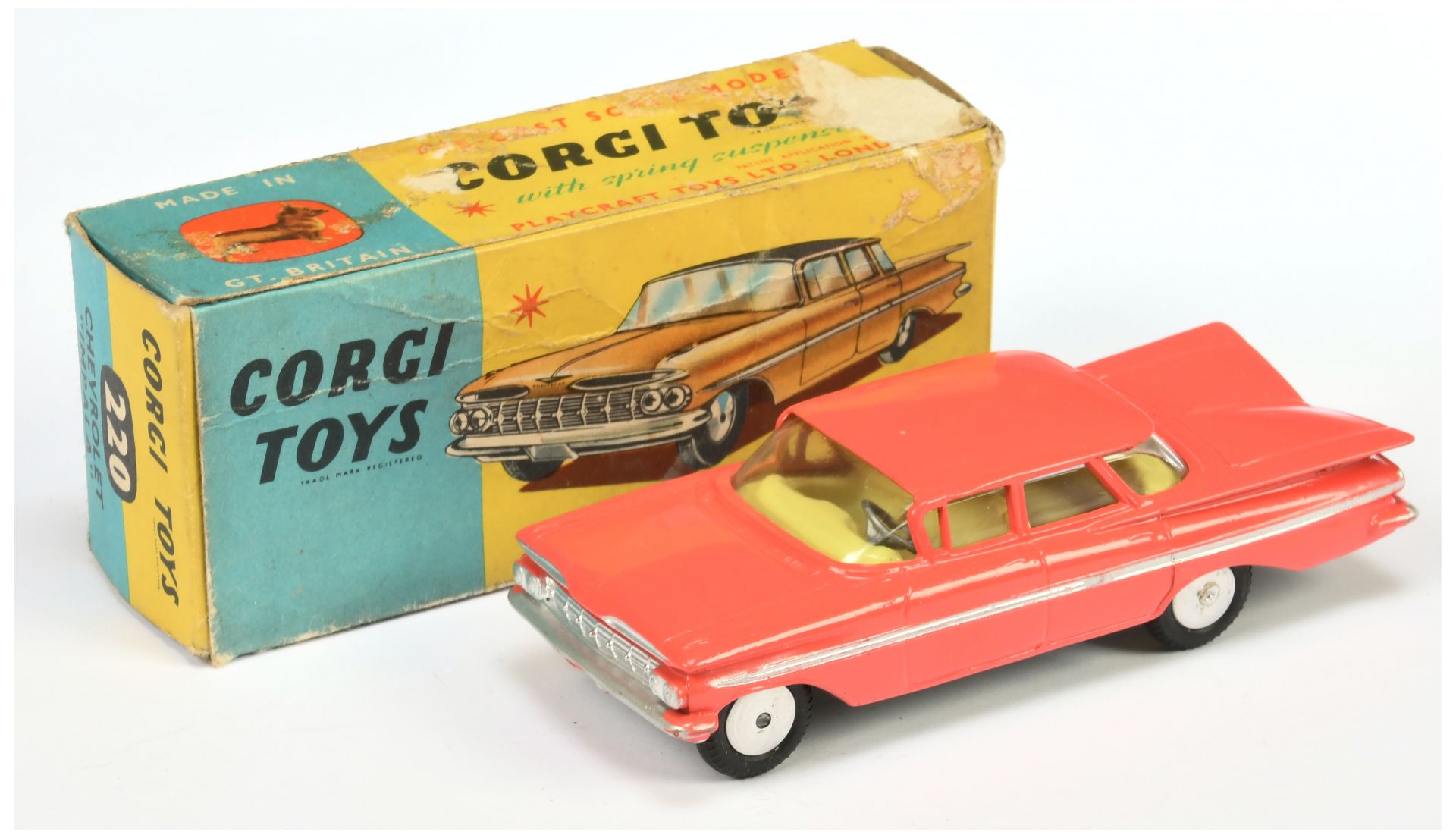 Corgi Toys 220 Chevrolet Impala - Coral pink body, lemon interior, silver trim and side flashes, ...