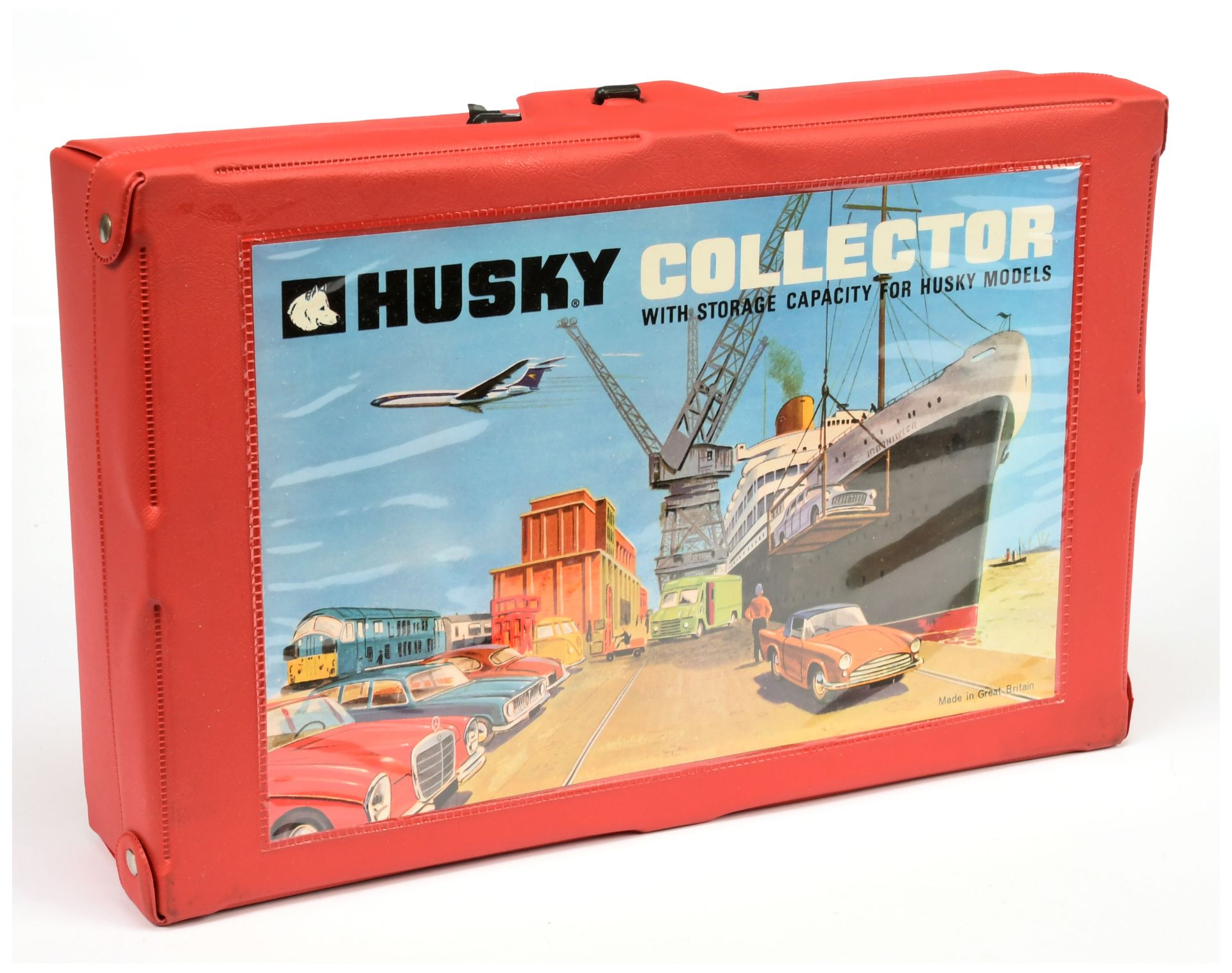 Corgi Toys (Husky) Collectors Case - Red case with sea port picture on front and 4 x yellow trays...