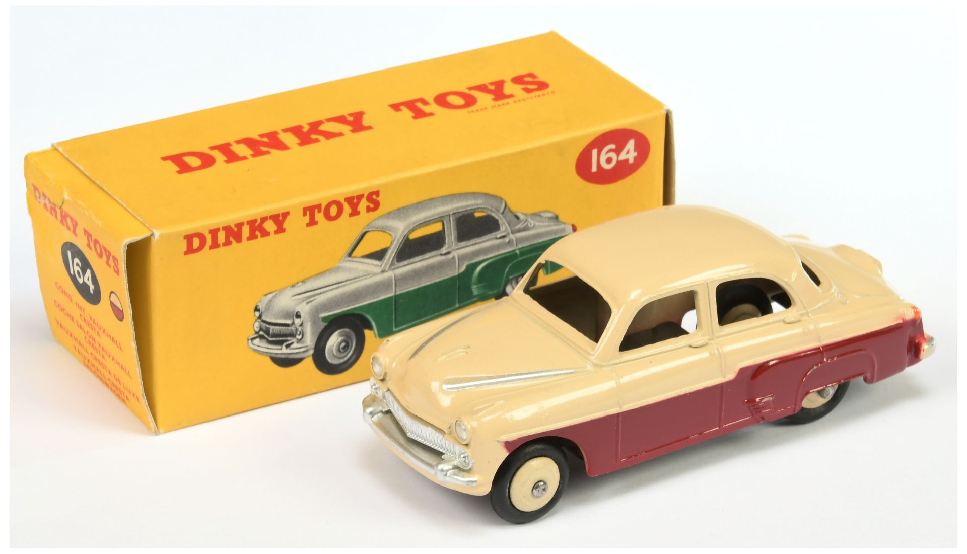 Dinky Toys 164 Vauxhall Cresta Saloon - Two-Tone Maroon, light beige including rigid hubs, silver...