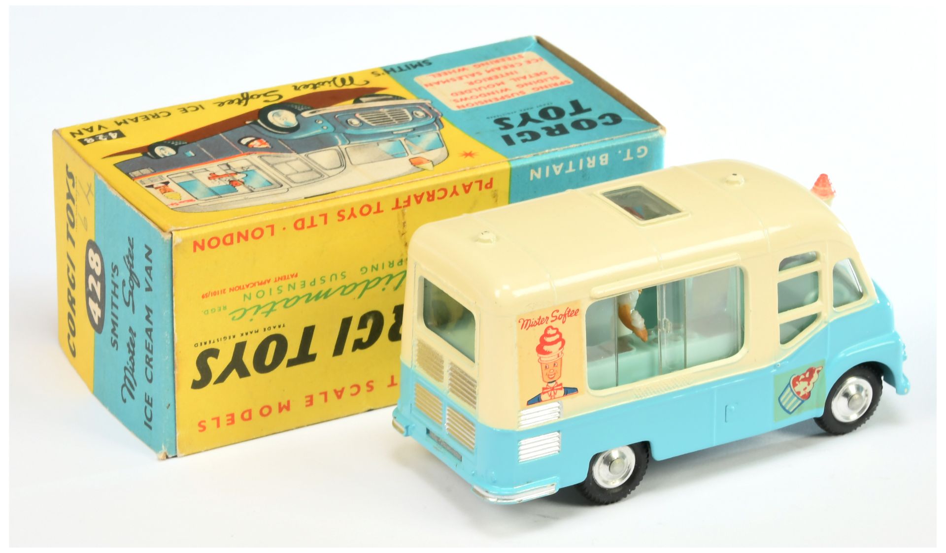 Corgi Toys 428 Smith's karrier Ice cream Van "Mister Softee" Two-Tone cream and light blue, pale ... - Image 2 of 2