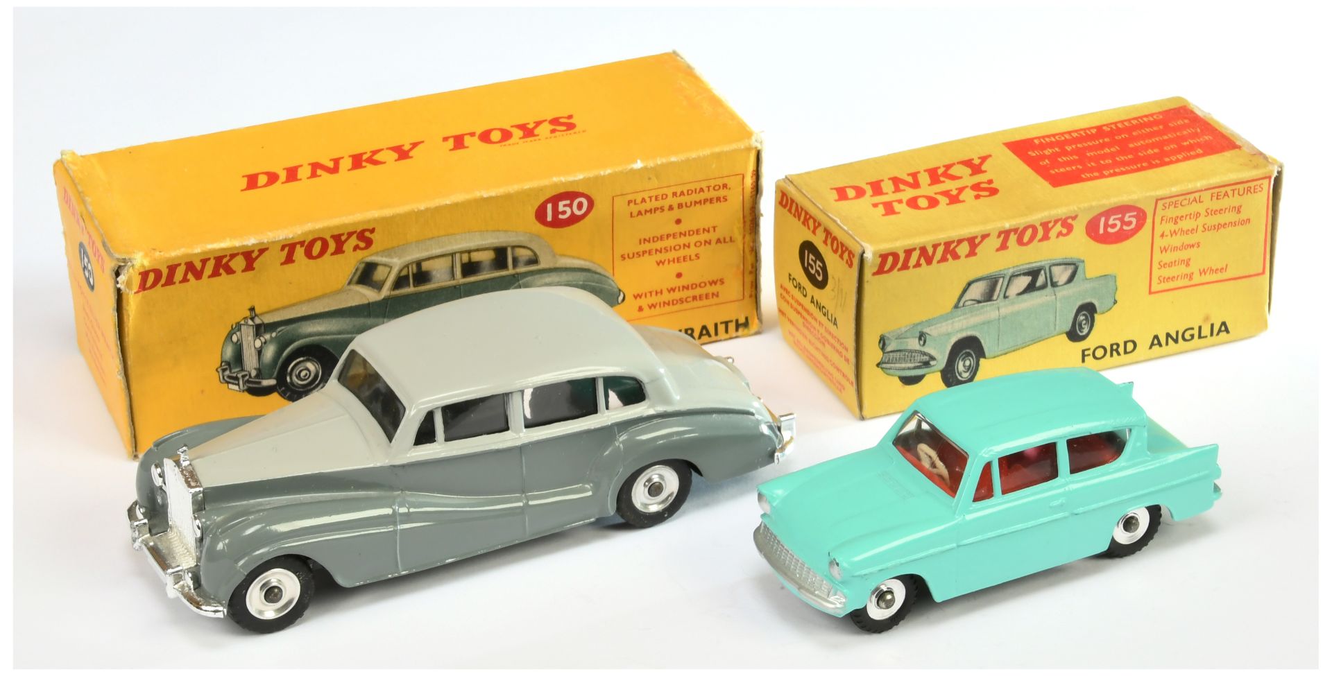Dinky Toys 150 Rolls Royce Silver Wraith - Two-Tone Grey, chrome trim and spun hubs plus 155 Ford...