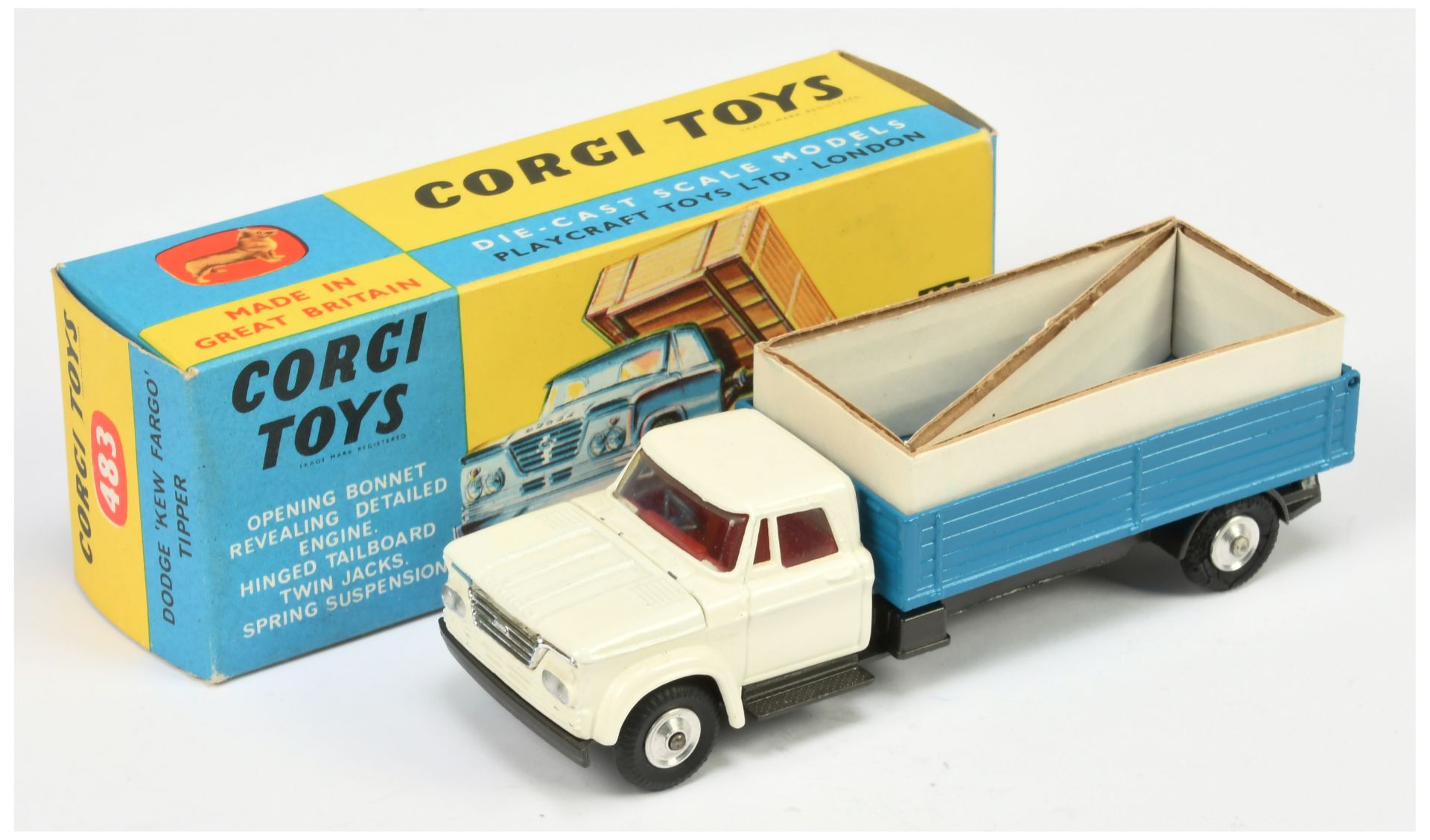 Corgi toys 483 Dodge Kew Fargo Tipper - White cab with red interior, blue tipping back, graphite ...