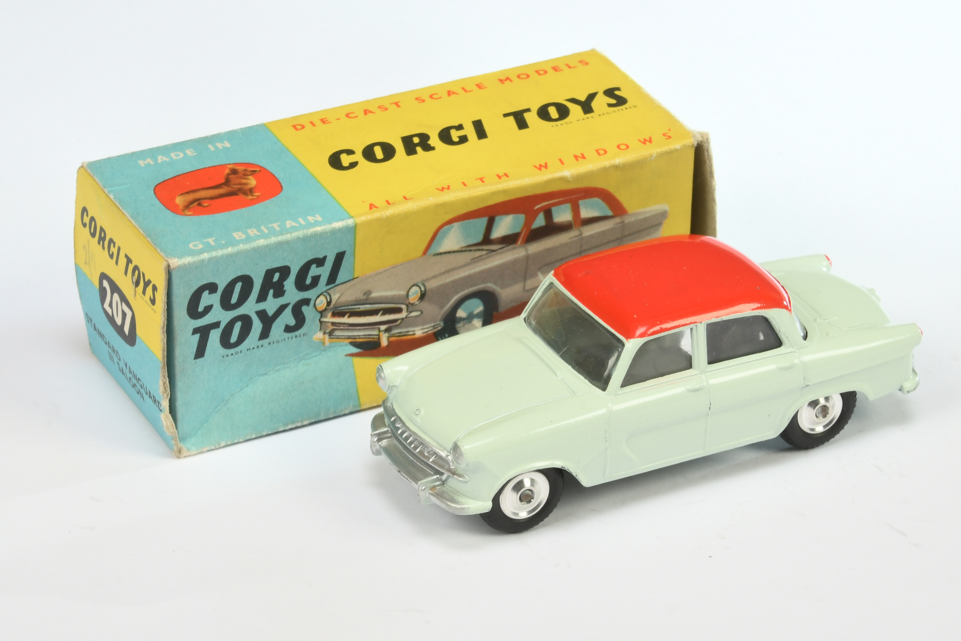 Corgi Toys 207 Standard Vanguard Saloon -  Very pale green with red roof, silver trim and spun hubs