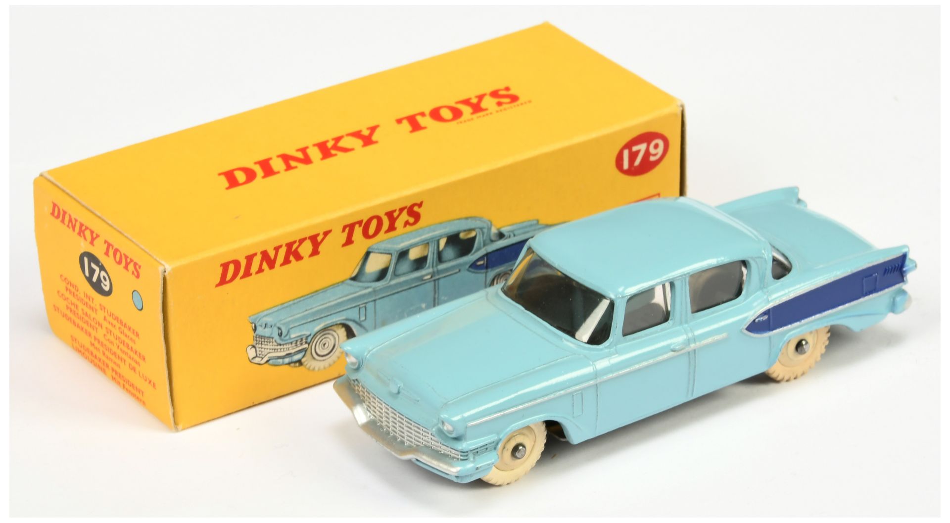 Dinky Toys 179 Studebaker President Sedan - Light blue, dark blue rear side flashes, silver trim ...