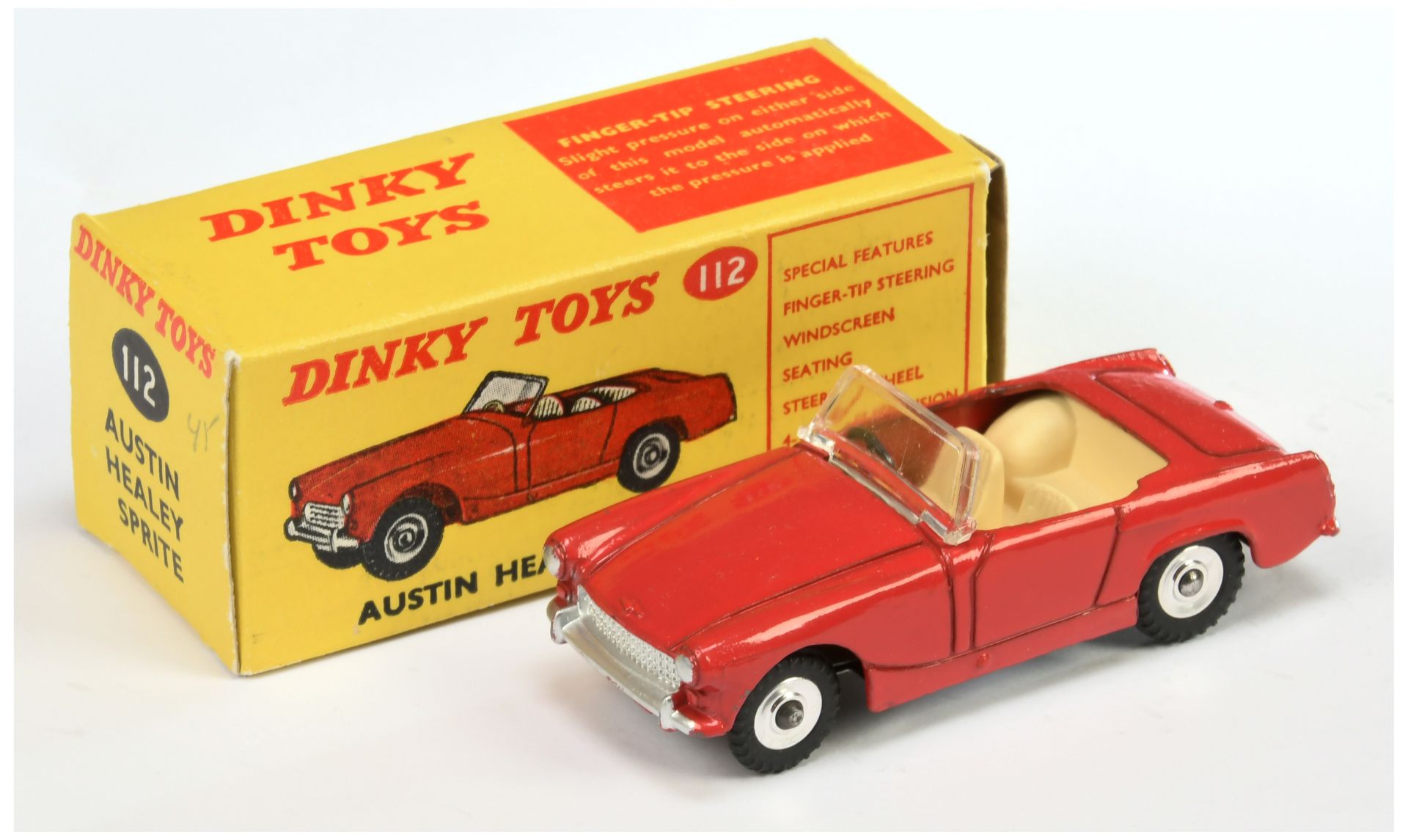 Dinky Toys 112 Austin Healey sprite - Red body, cream interior, silver trim, chrome spun hubs 