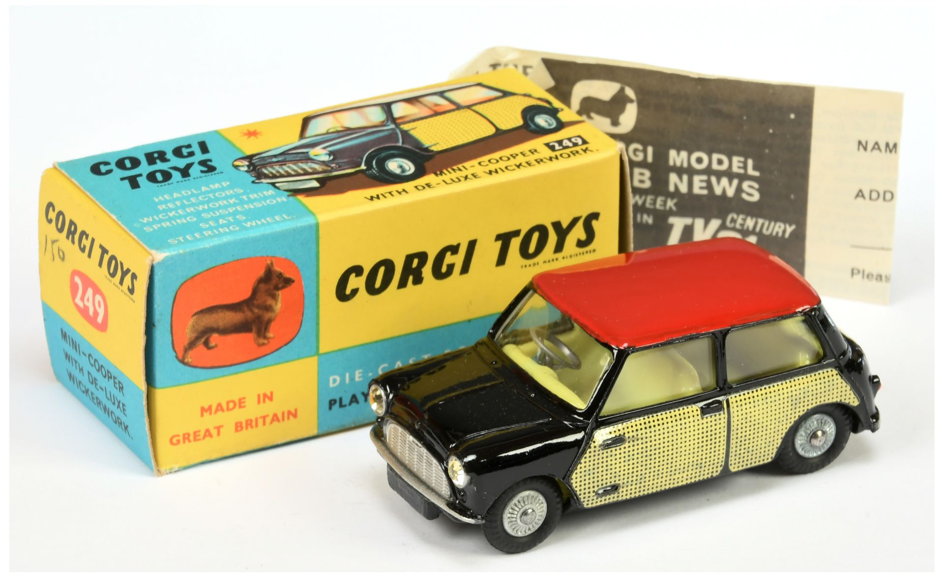 Corgi Toys 249 Morris Mini Cooper "Wickerwork" - Black body, red roof, lemon interior, "Wickerwor...