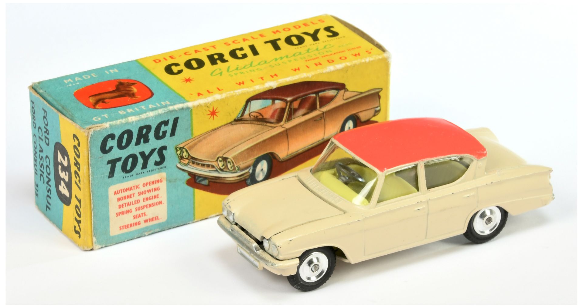 Corgi Toys 234 Ford Consul Classic - Cream body, pink roof, lemon interior, silver trim and spun hub