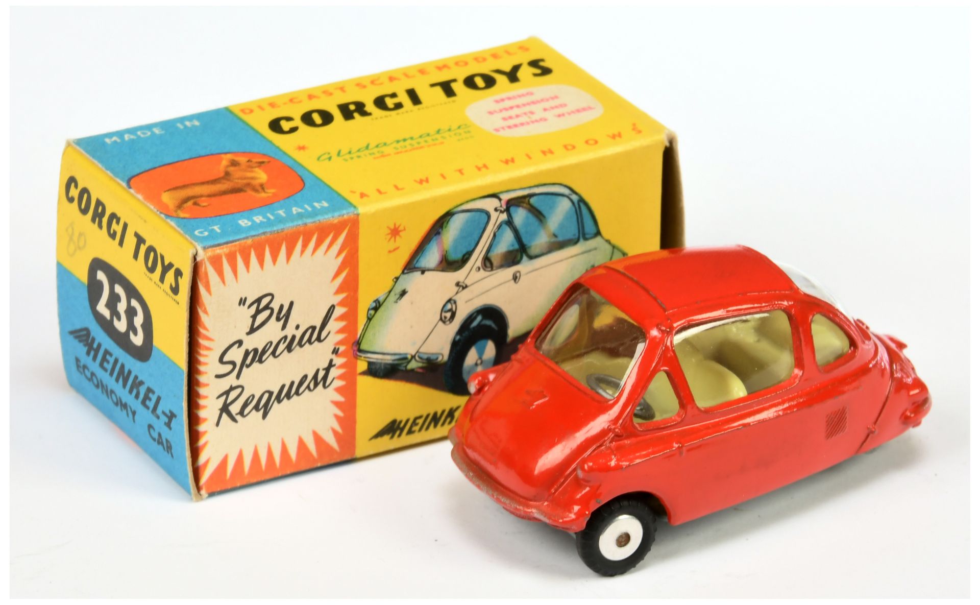 Corgi Toys 233 Heinkel Economy Car - Red Body, lemon interior, silver trim and flat spun hub