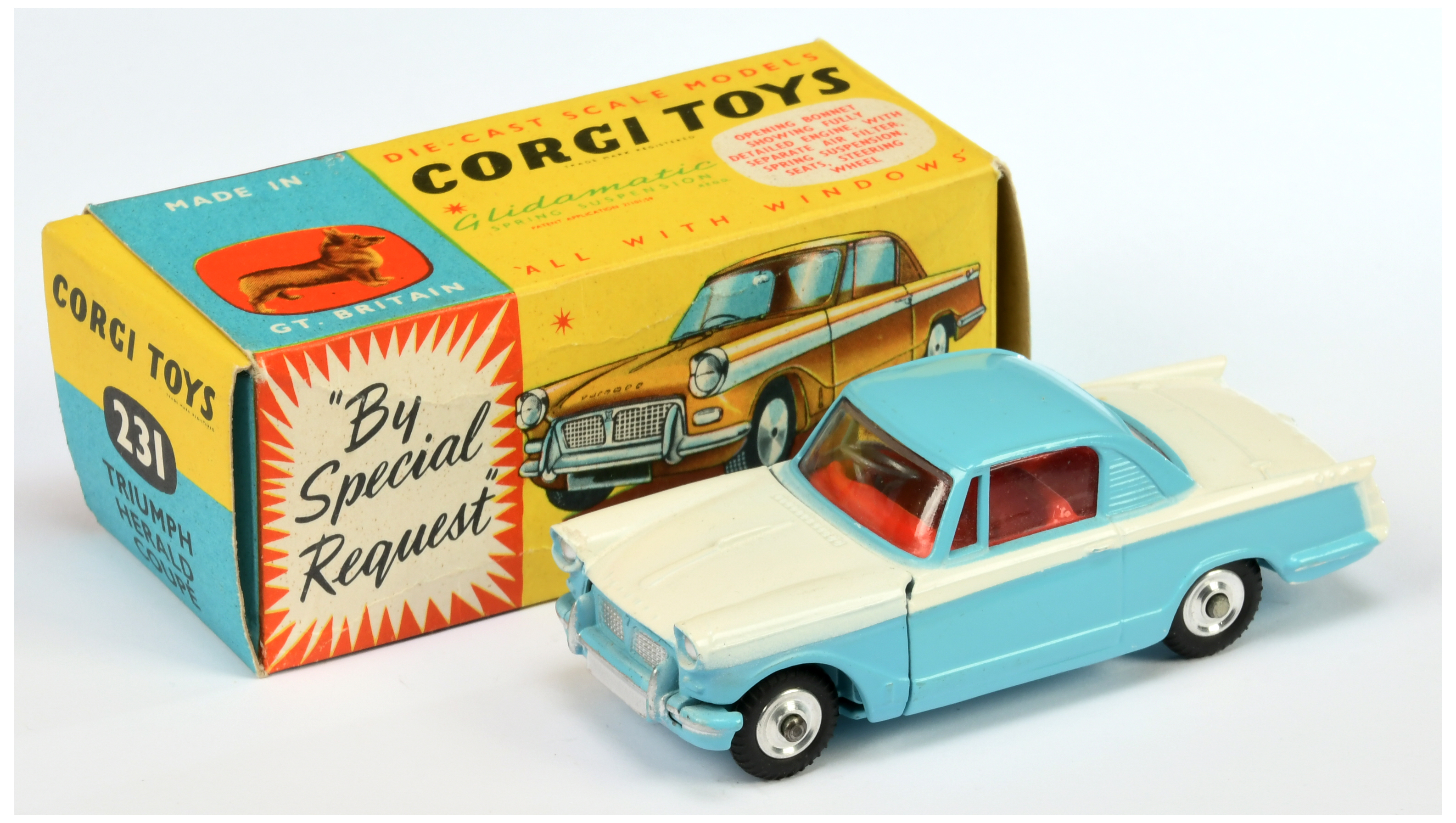 Corgi Toys 231 Triumph Herald Coupe - Two-Tone White and blue, red interior, silver trim and spun...