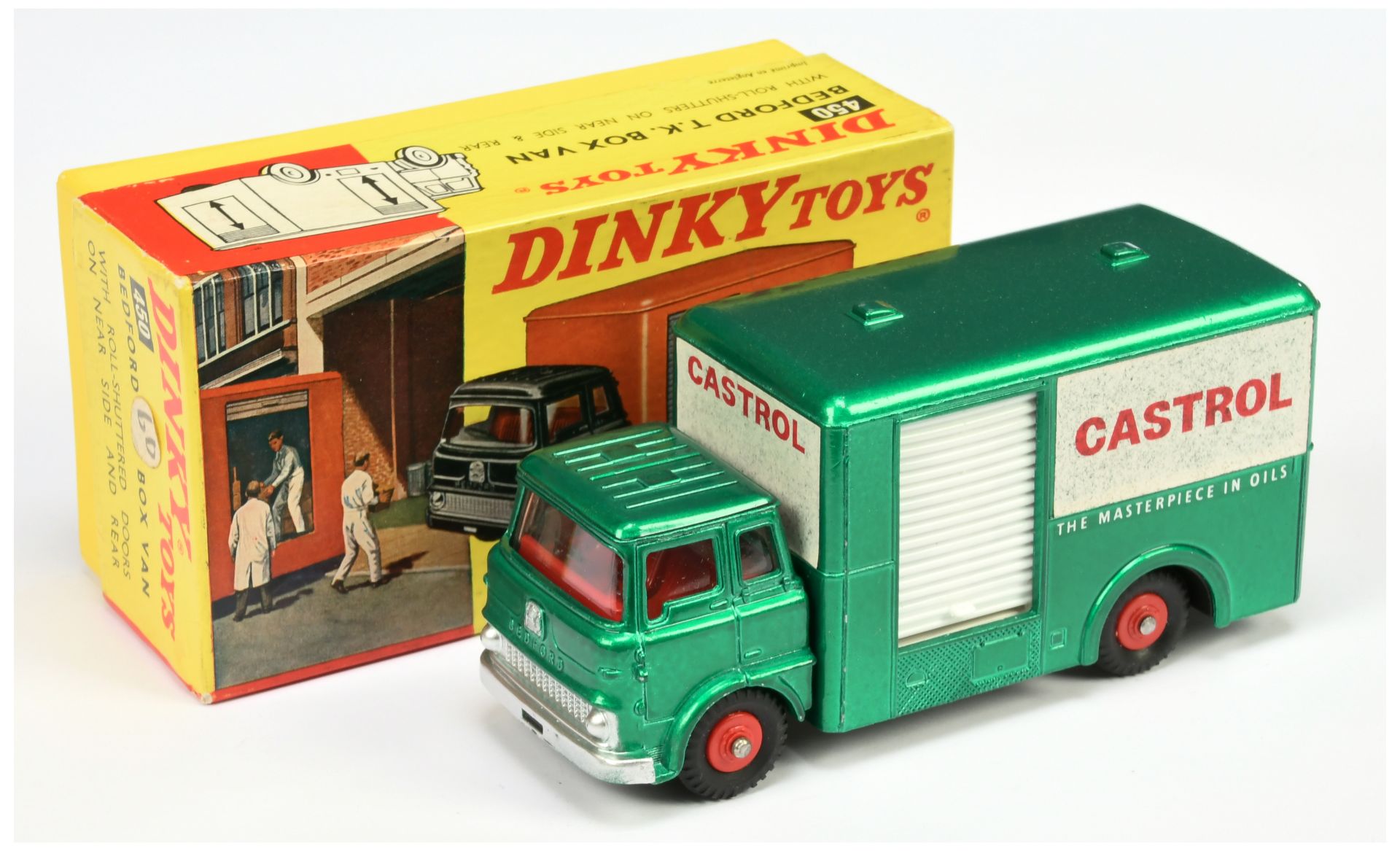 Dinky Toys 450 Bedford Tk Box Van "Castrol" - Metallic Green cab and back, white opening rear and...