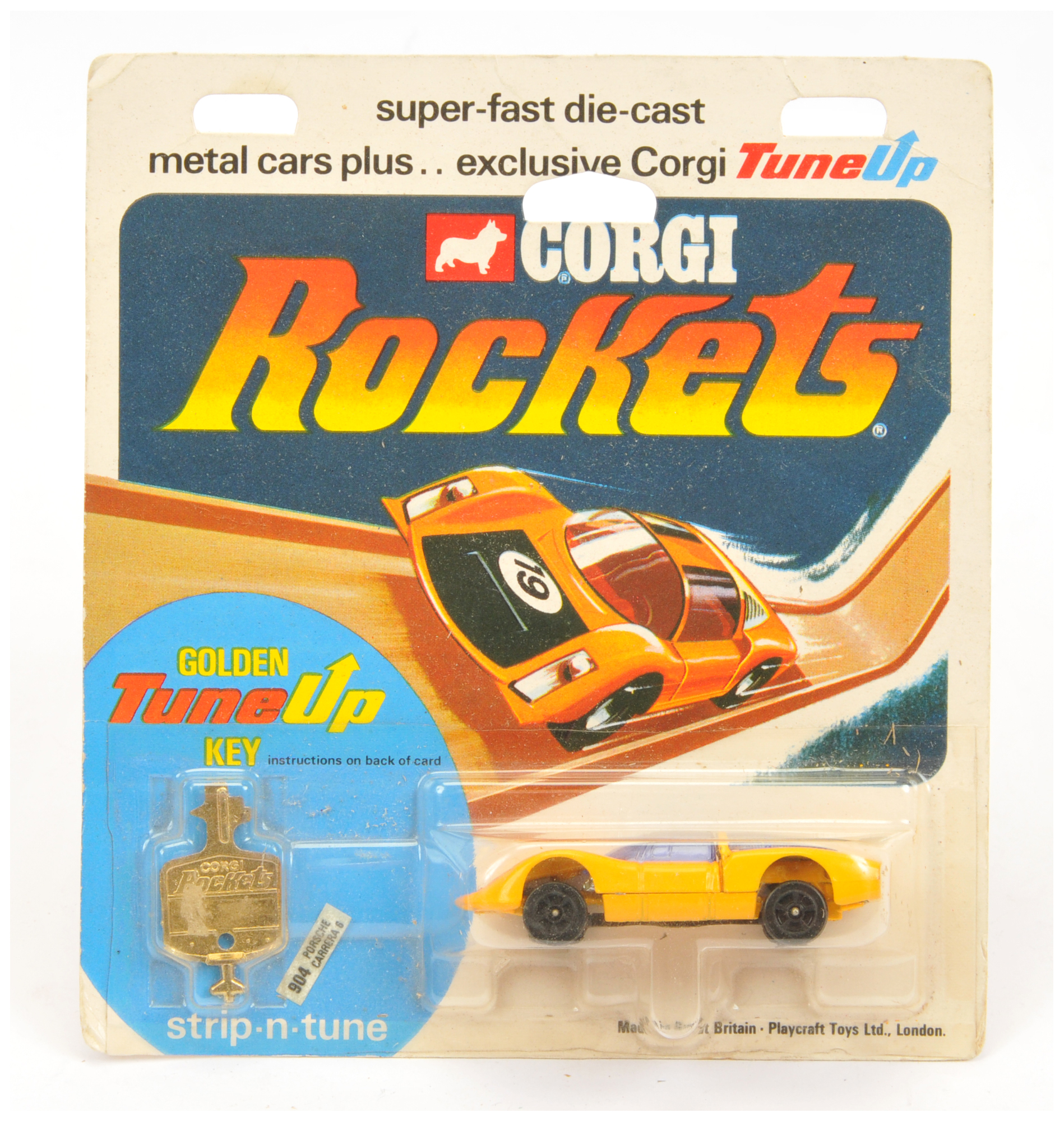 Corgi Toys Rockets D904 Porsche Carrera 6 Racing Car - Yellow, red bonnet, blue windows and racin...