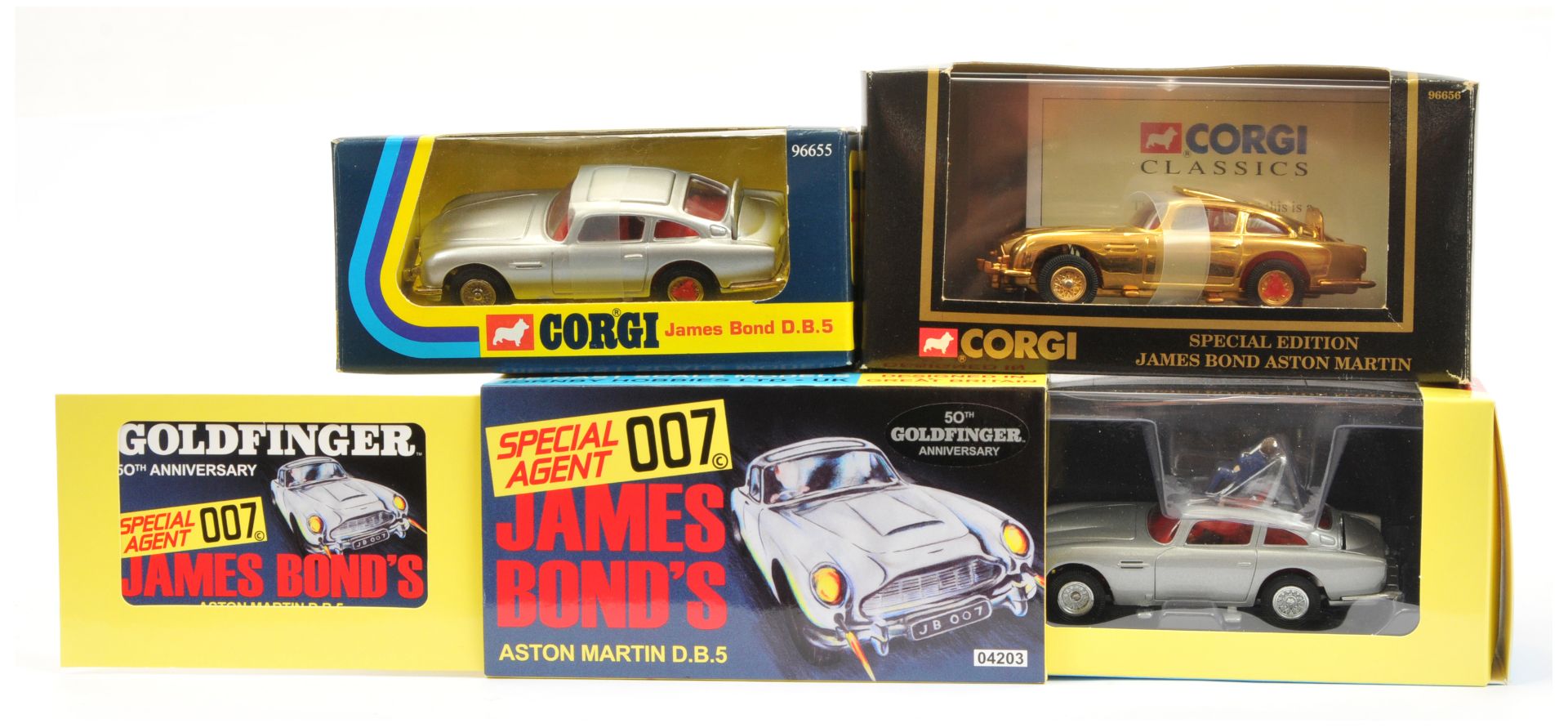 Corgi "James Bond" Aston Martin DB5 (1/43rd) Group Of 3 - (1) 96655 (re-issue 1995) - Silver, red...