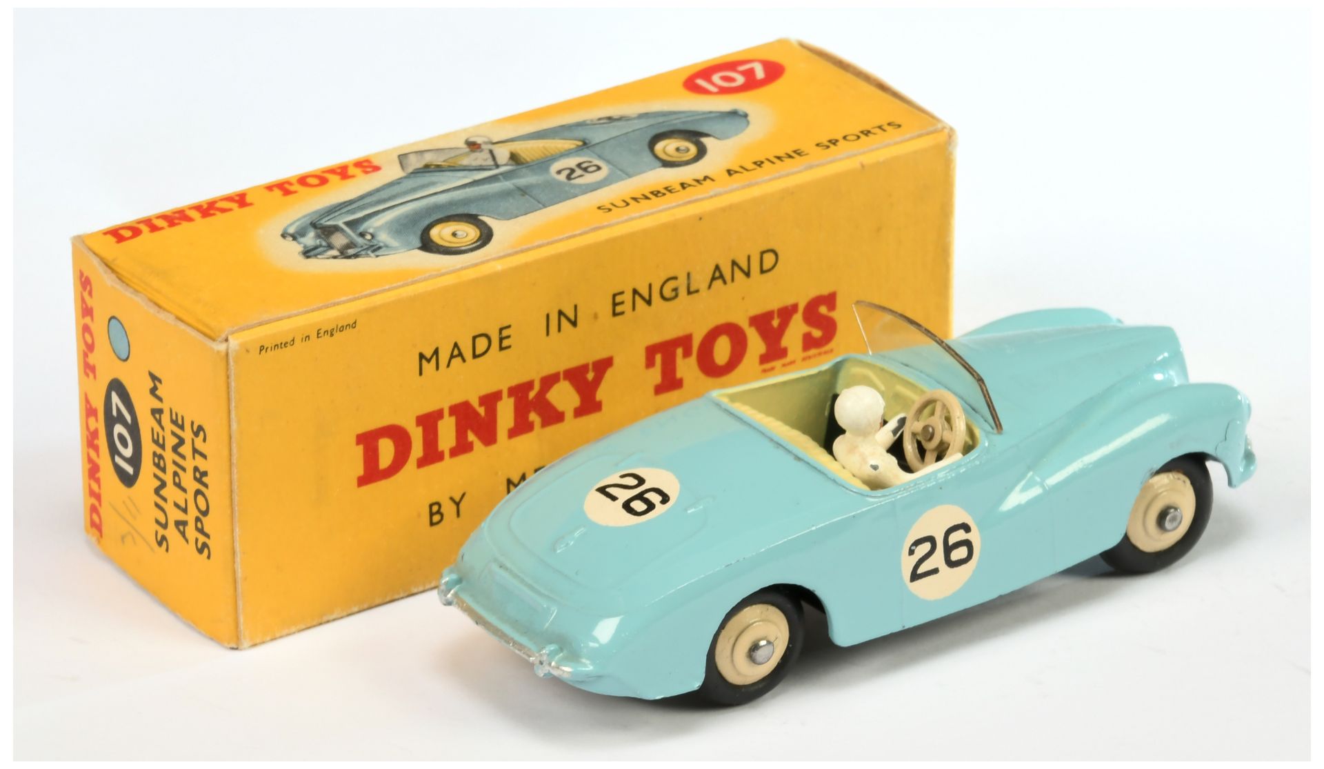 Dinky Toys 107 Sunbeam Alpine Sports Car -  Light blue, pale cream interior with figure driver, s... - Image 2 of 2