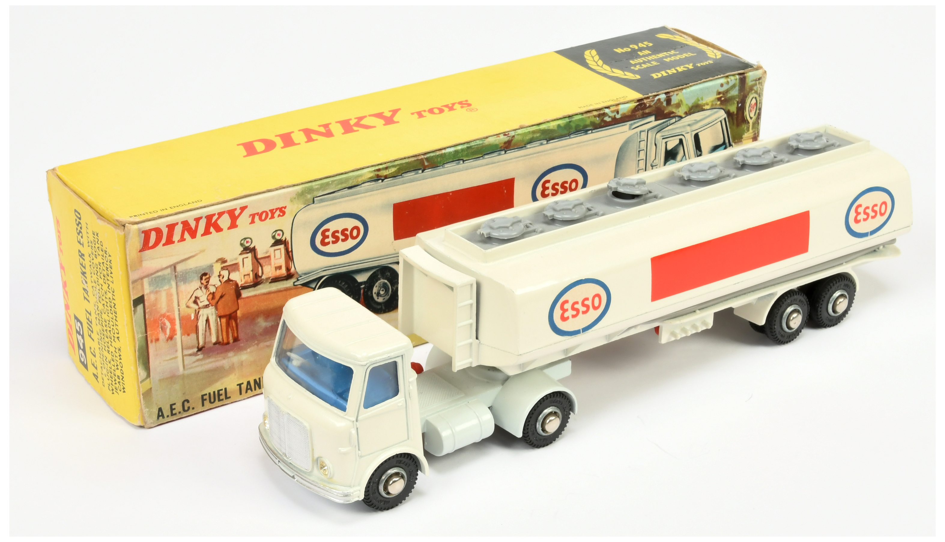 Dinky Toys 945 AEC Articulated Tanker "ESSO" - White cab and tanker, pale grey chassis, mid-blue ... - Image 3 of 4