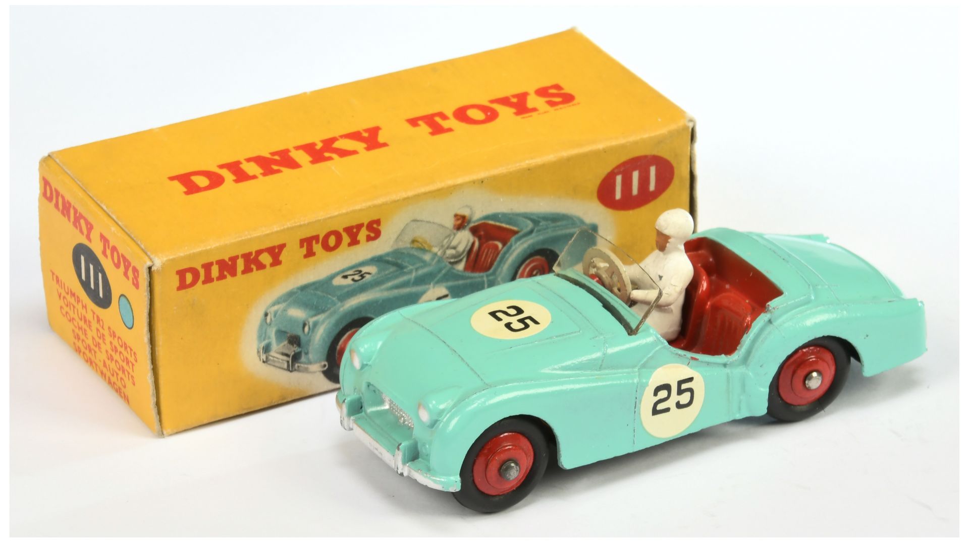 Dinky Toys 111 Triumph TR2 Sports - Turquoise body, red rigid hubs and interior with figure,silve...