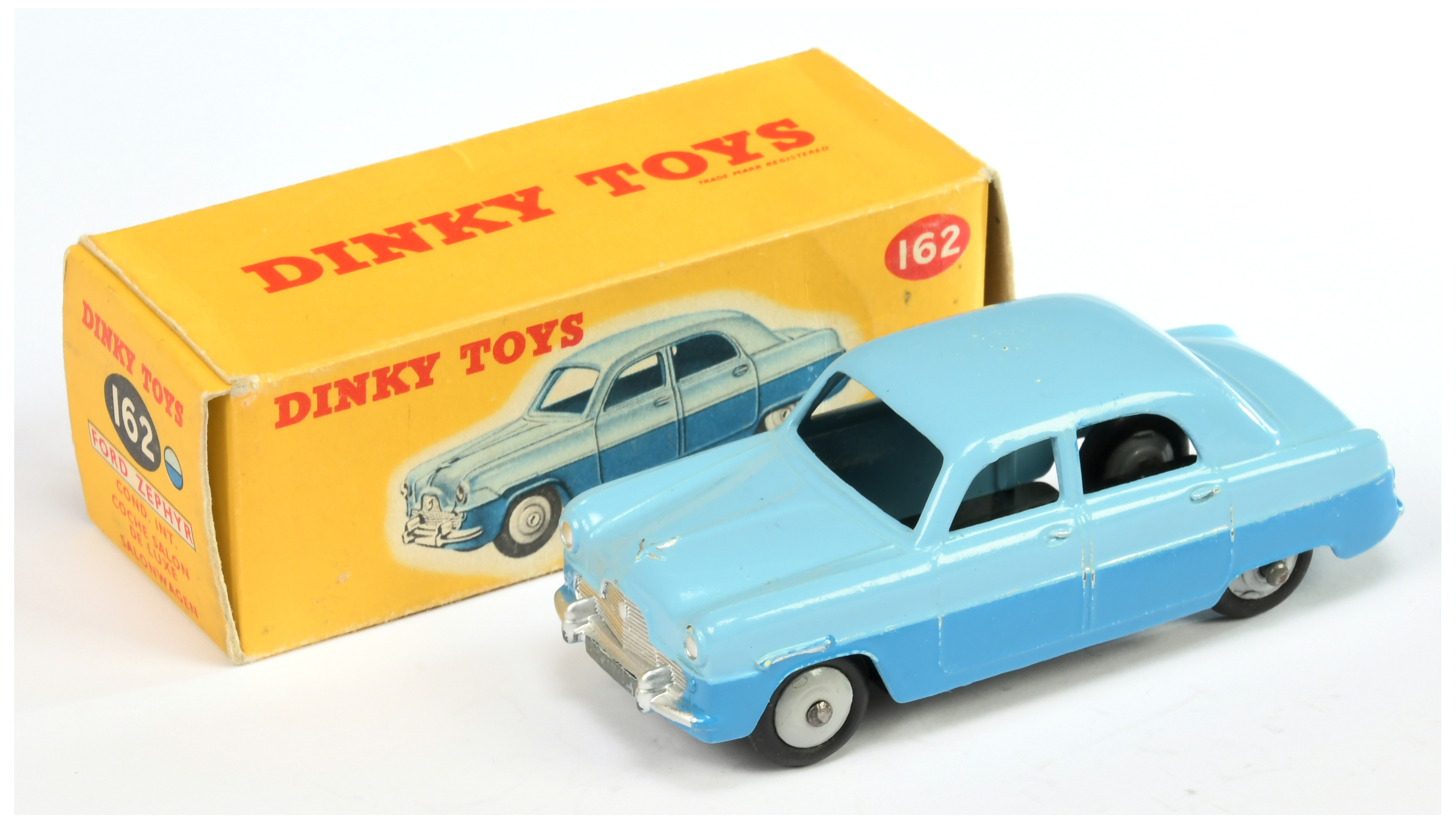 Dinky Toys 162 Ford Zephyr Saloon - Two--Tone blue body, grey rigid hubs and silver trim 