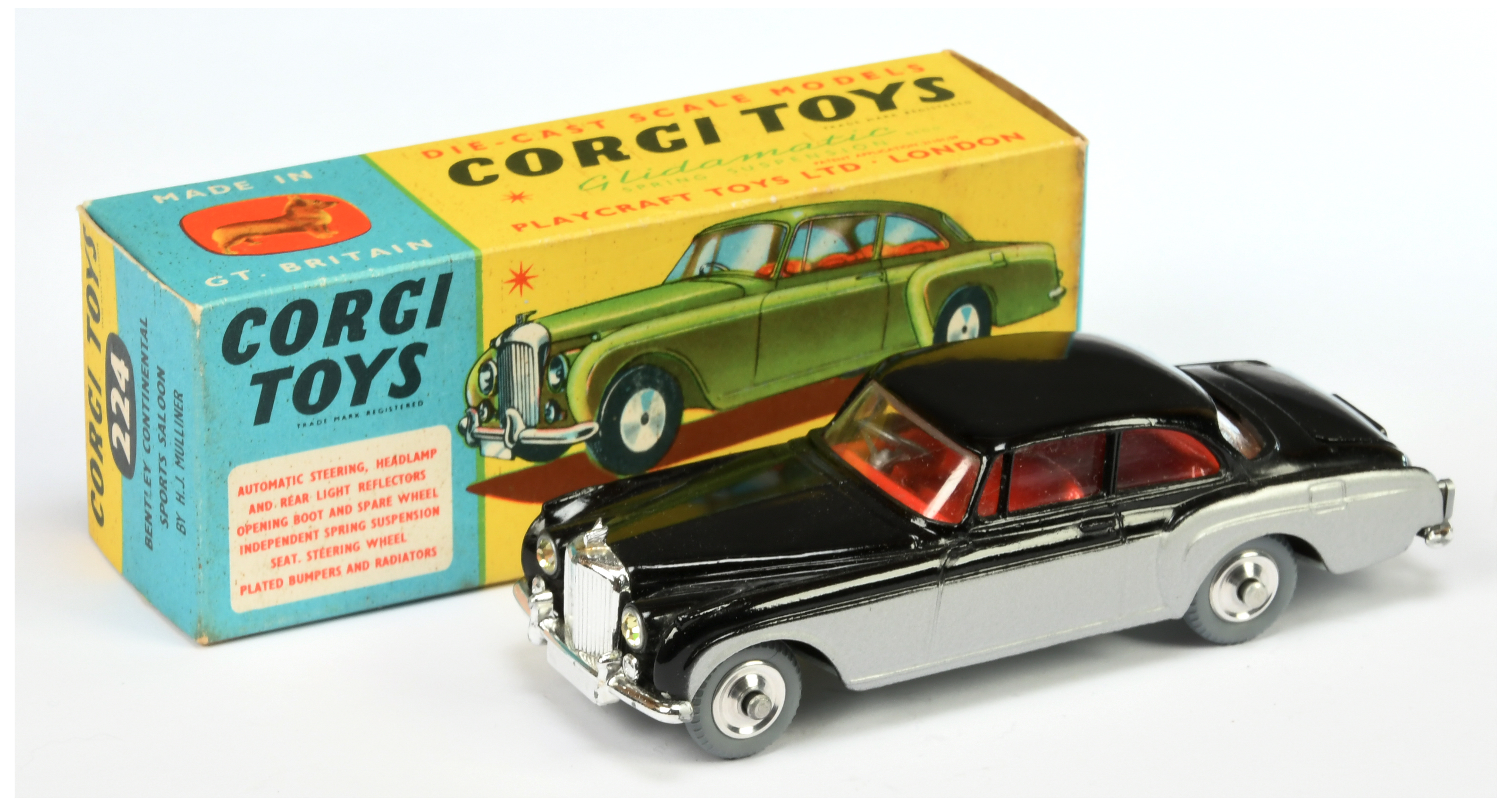 Corgi Toys 224 Bentley Continental Sports Saloon - Two-Tone Black and silver, red interior, chrom...