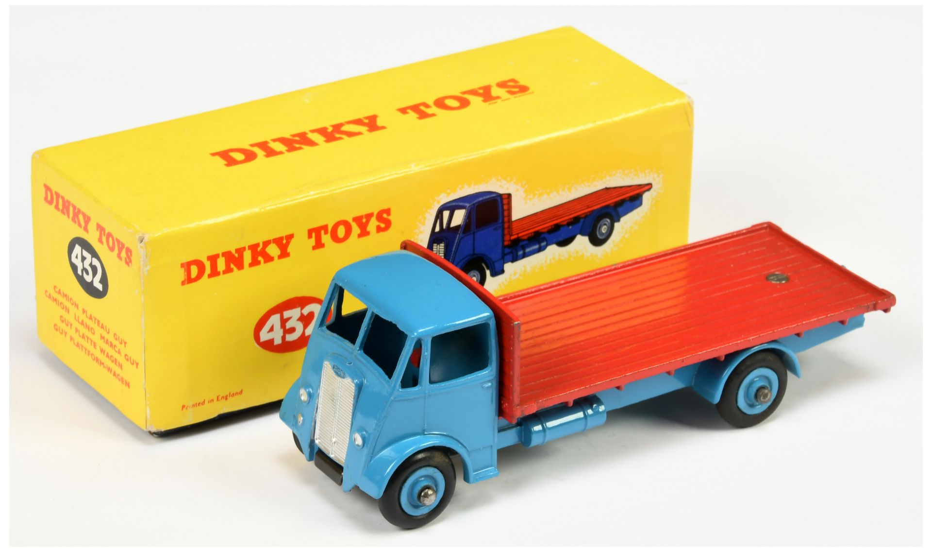 Dinky Toys 432 Guy (type 2) Flat Truck - Mid-blue cab, chassis and supertoy hubs, red back, silve...