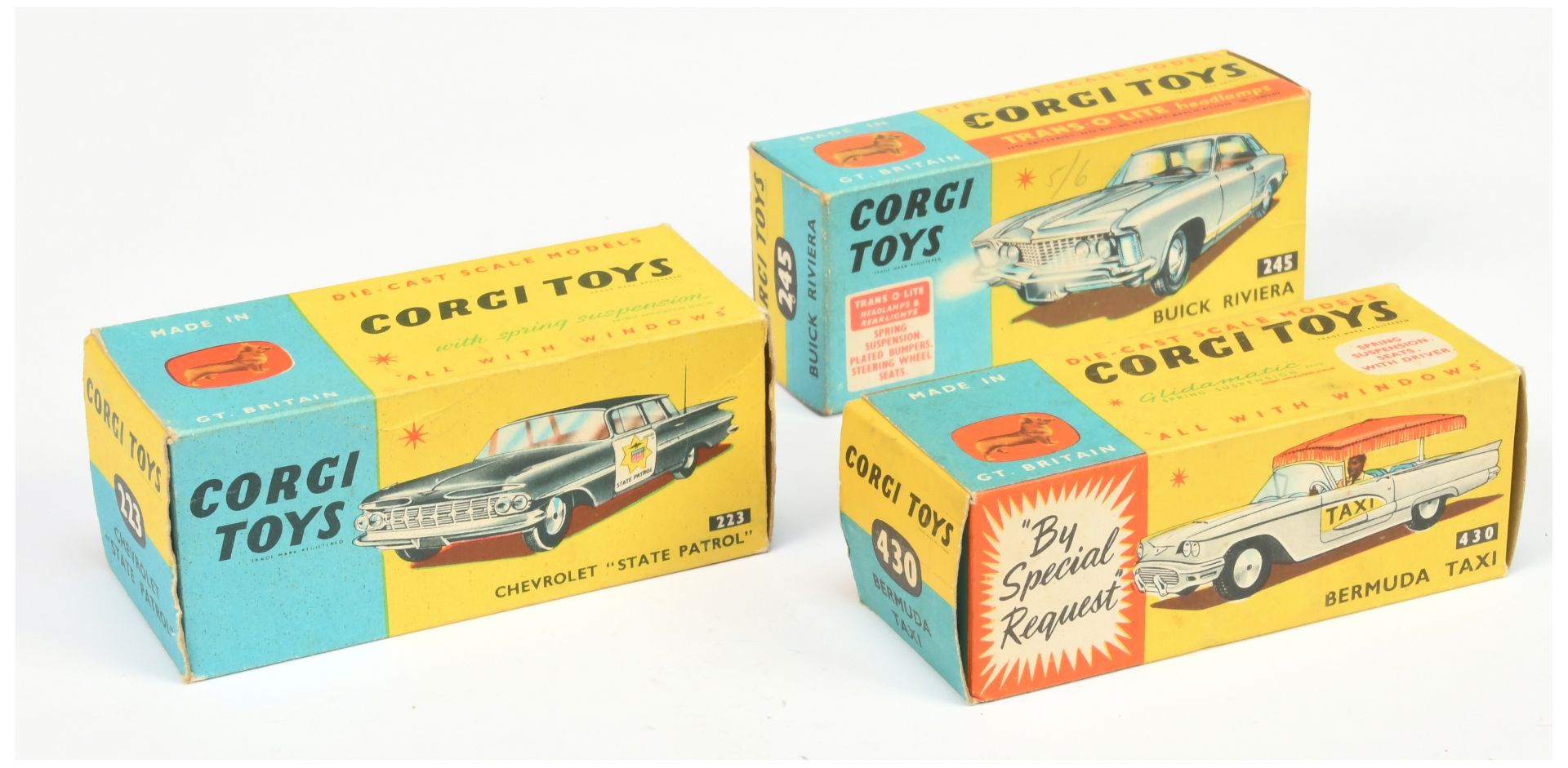 Corgi Toys Empty boxes  - (1) 223 Chevrolet Impala "State Patrol"  (2) 245 Buick Rivera  and (3) ...