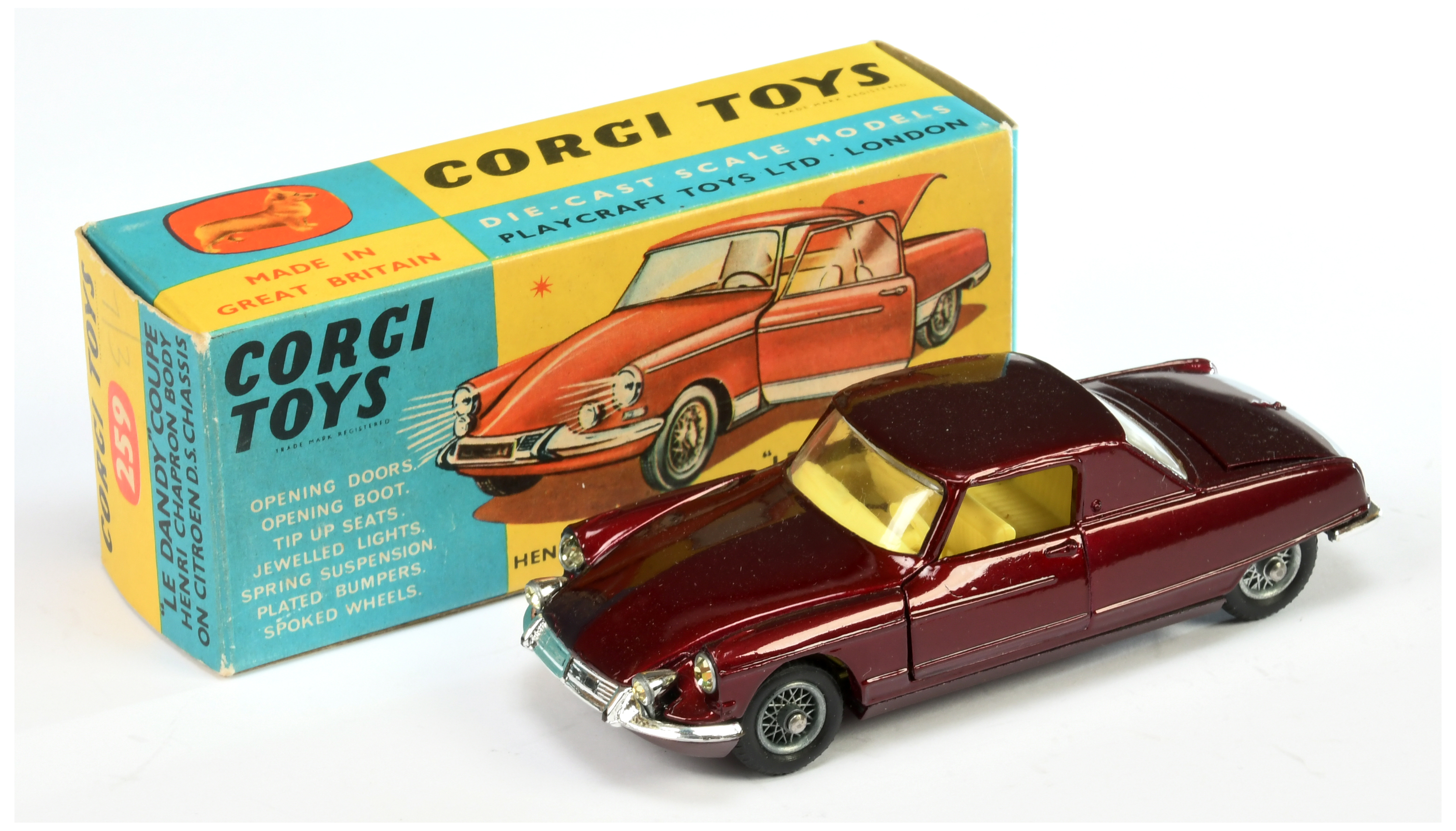 Corgi Toys 259 Le Dandy Coupe - Metallic Maroon, yellow interior chrome trim and wire wheels 