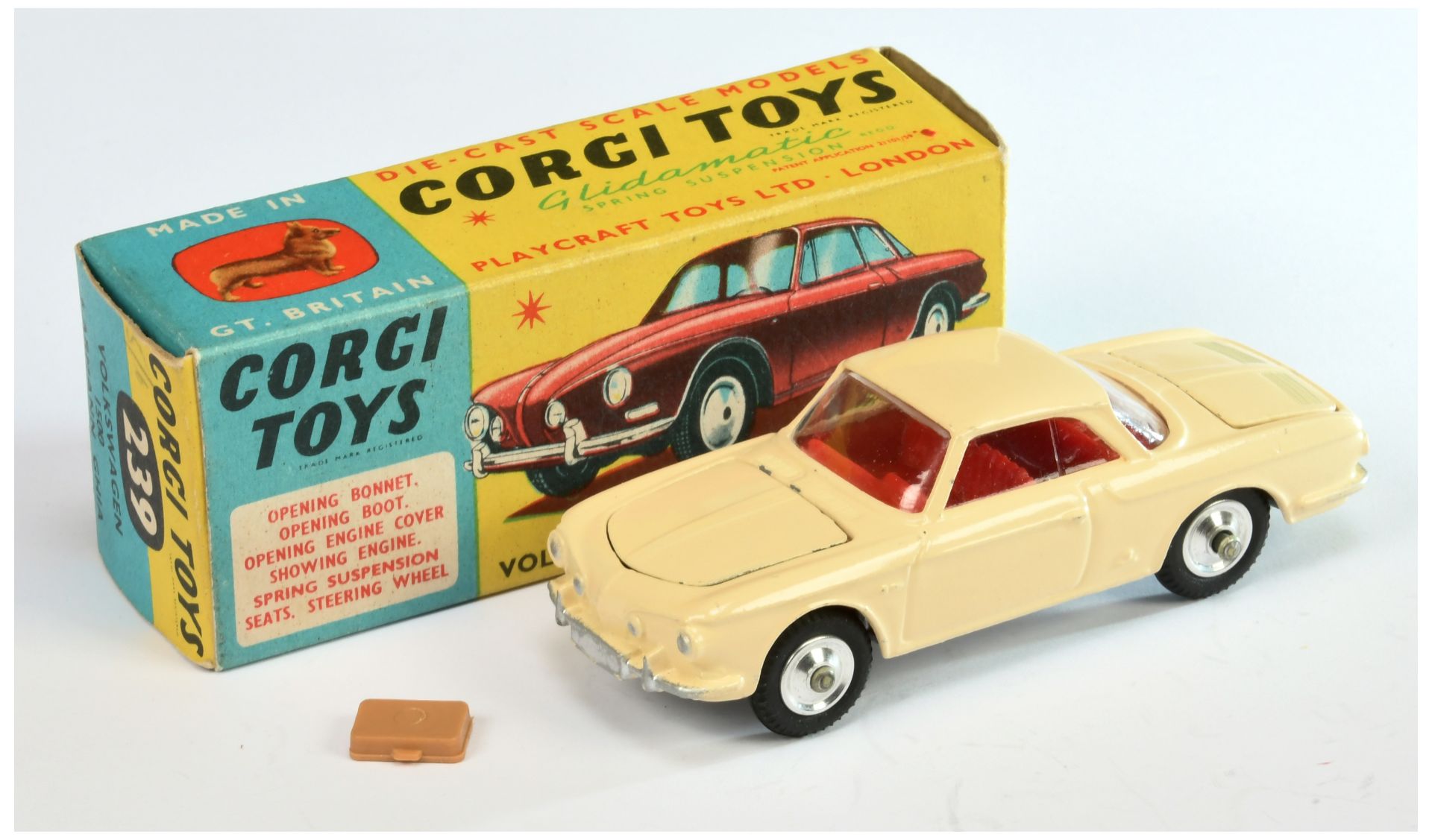 Corgi Toys 239 Volkswagen 1500 Karmann Ghia - Cream body, red interior, silver trim, spun hubs an...