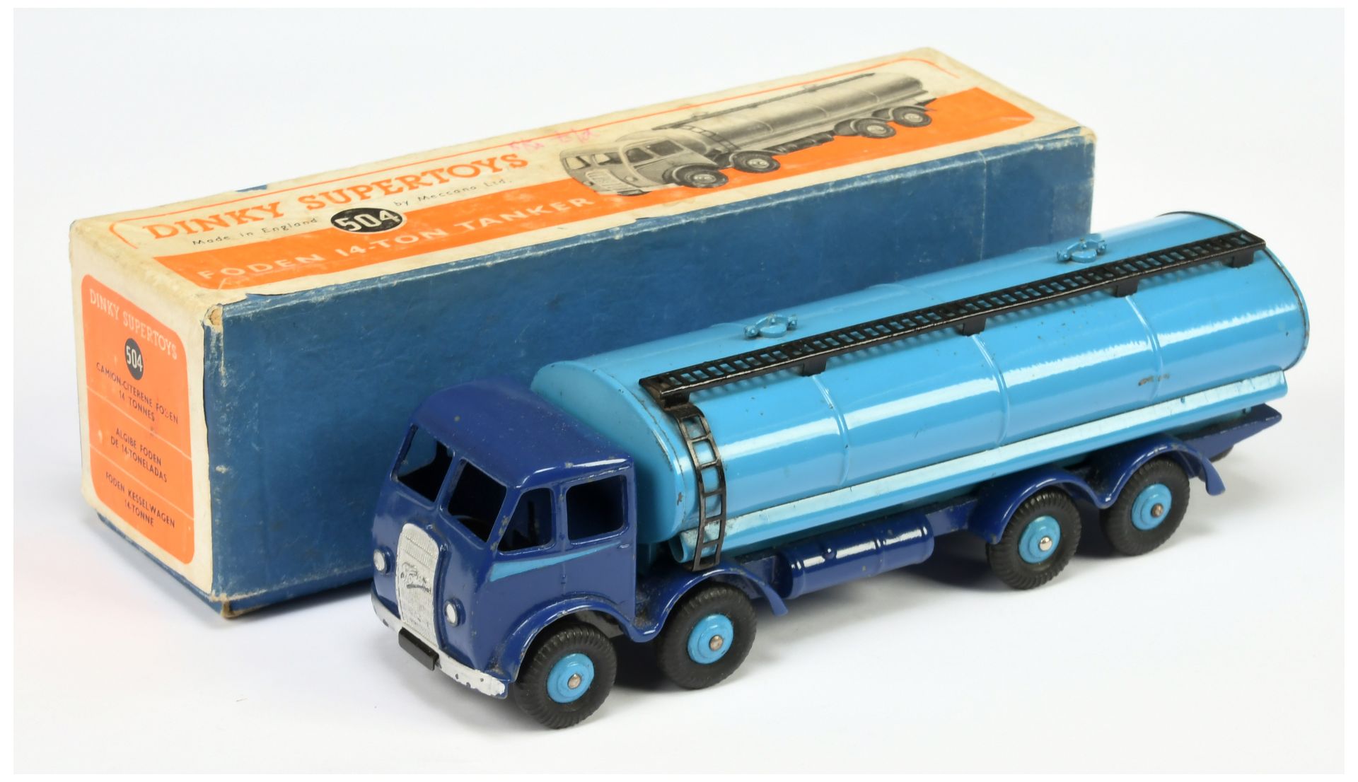 Dinky Toys 504 Foden (type 2) Tanker -Two-Tone blue, silver trim and side flashes, rigid hubs, bl...