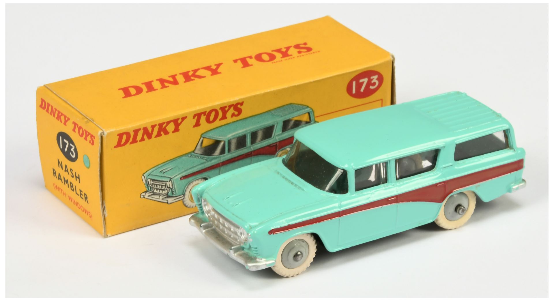 Dinky Toys 173 Nash Rambler - Turquoise body, maroon side flashes, silver trim and grey rigid hub...