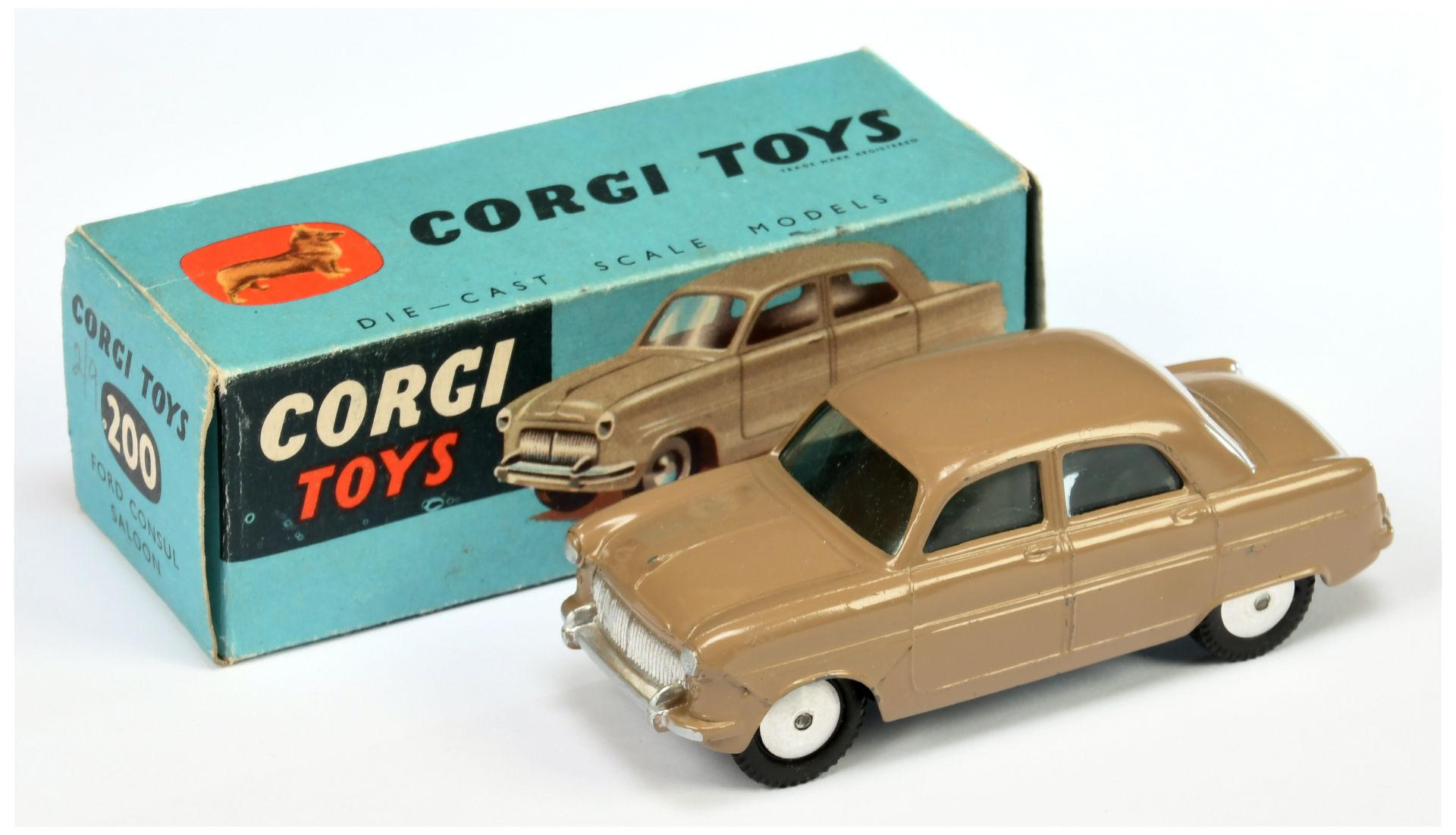 Corgi Toys 200 Ford Consul Saloon - Fawn body, silver trim, flat spun hubs 