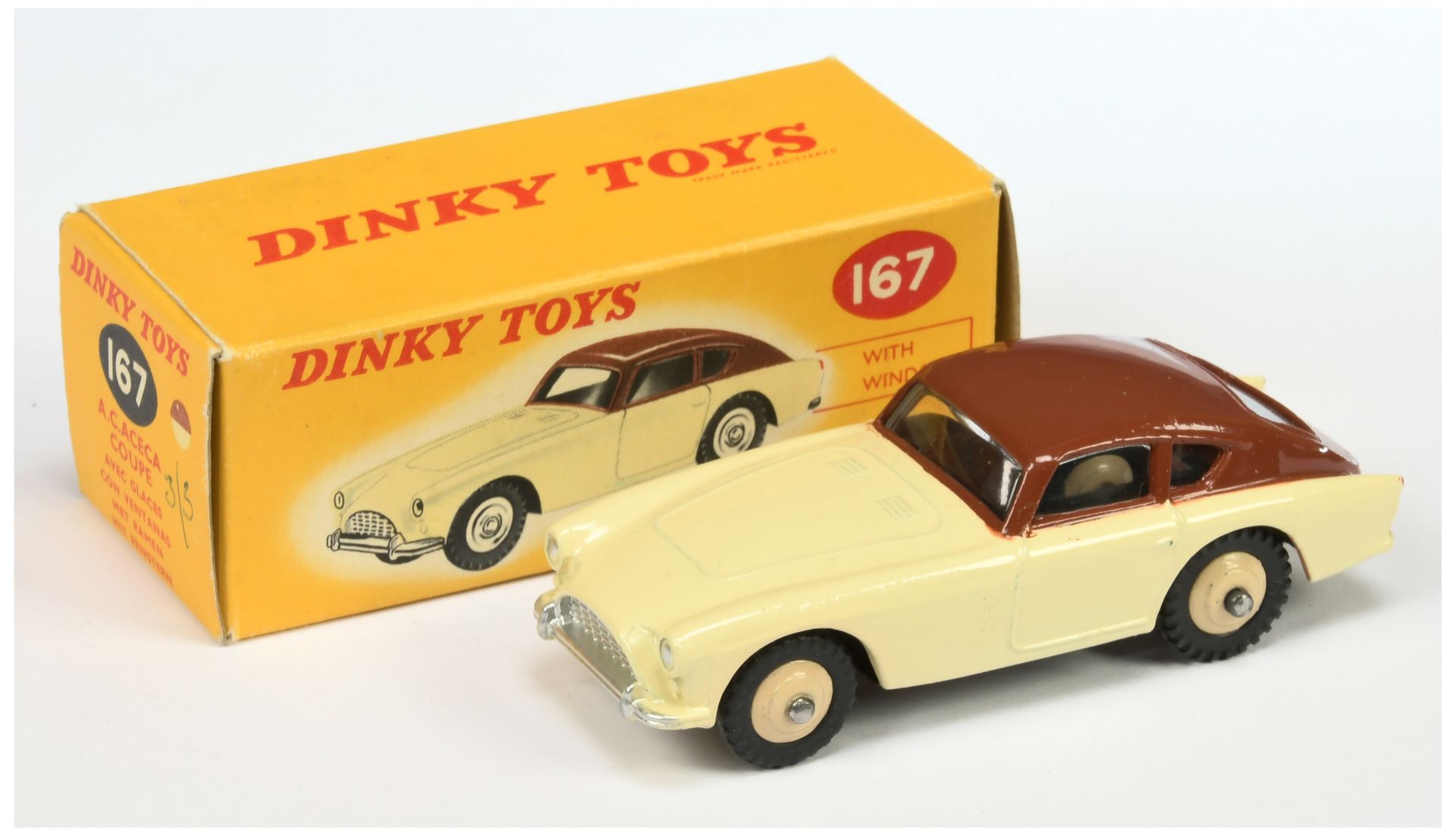 Dinky Toys 167 AC Aceca Coupe - Two-Tone cream and brown, light beige rigid hubs, silver trim