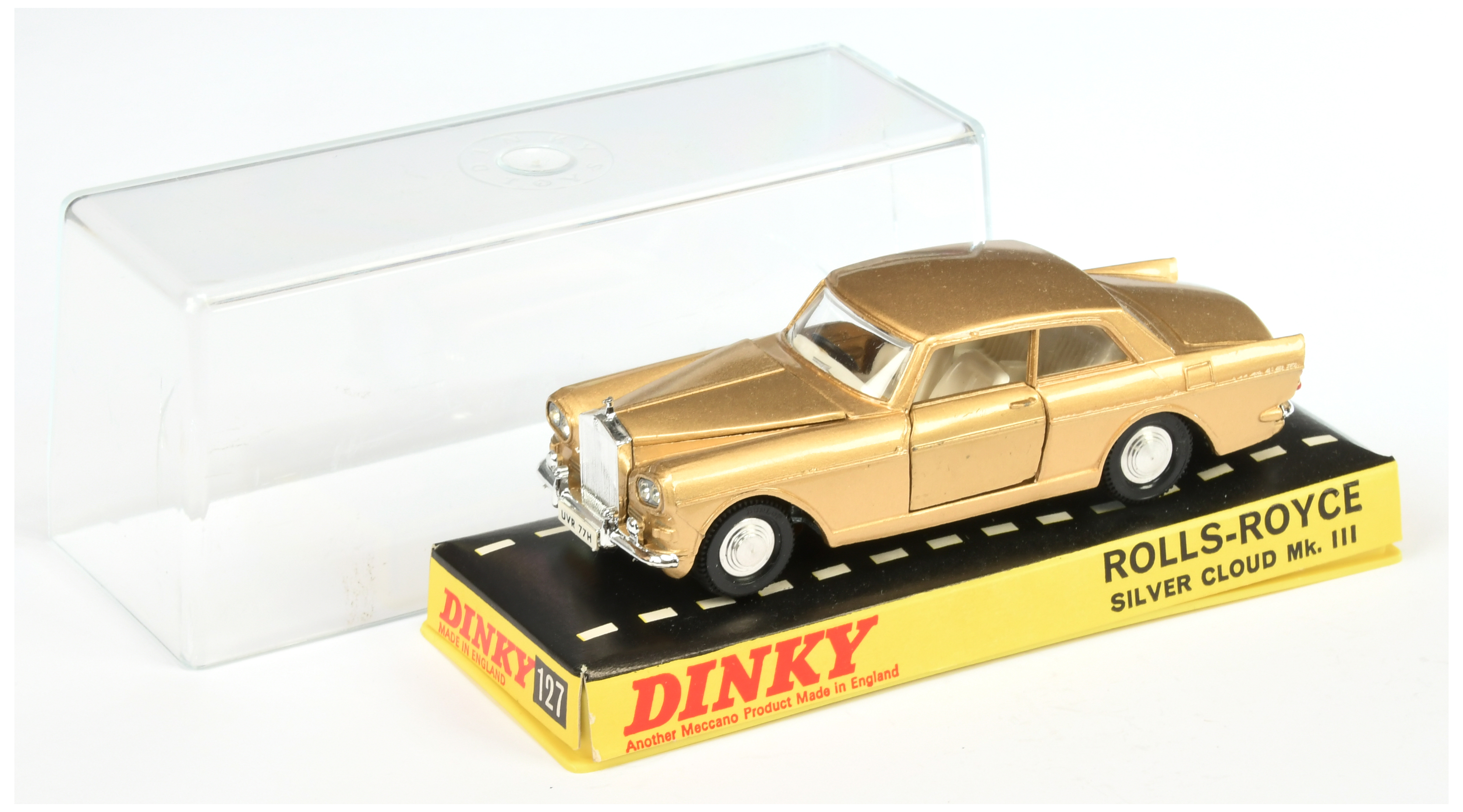 Dinky Toys 127 Rolls Royce Silver Cloud - Gold body, white interior, bare metal base, chrome trim...